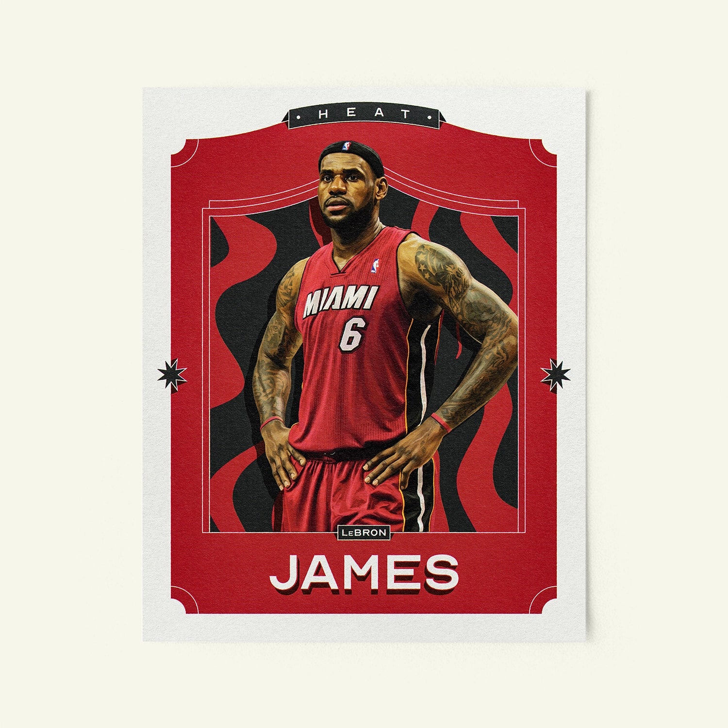 Poster of LeBron James of the Miami Heat in a vintage trading card style.