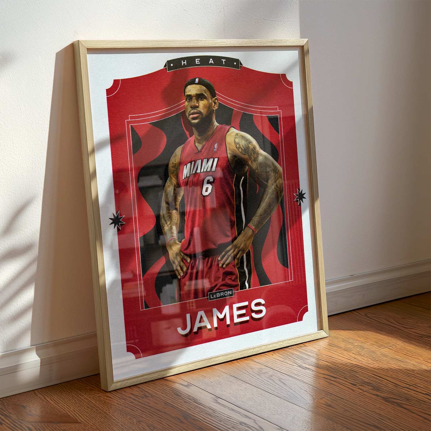 A LeBron James poster displayed as modern sports wall art in the home of a Miami Heat fan.
