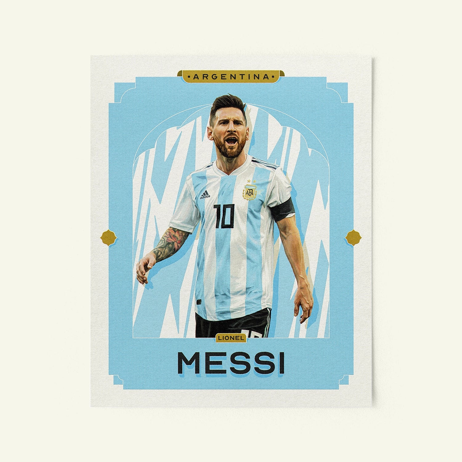 Poster of Lionel Messi of the Argentina in a vintage trading card style.