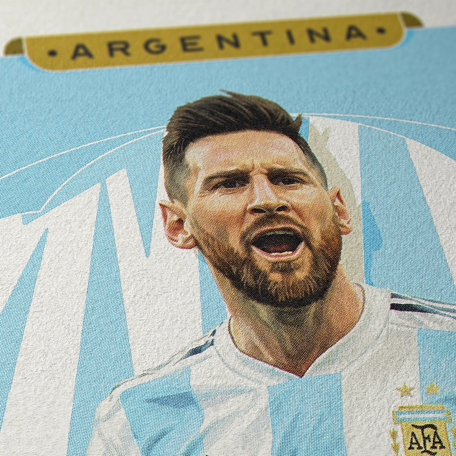 Closeup of our Lionel Messi Argentina Poster showing the high-definition design quality and vintage graphic elements.