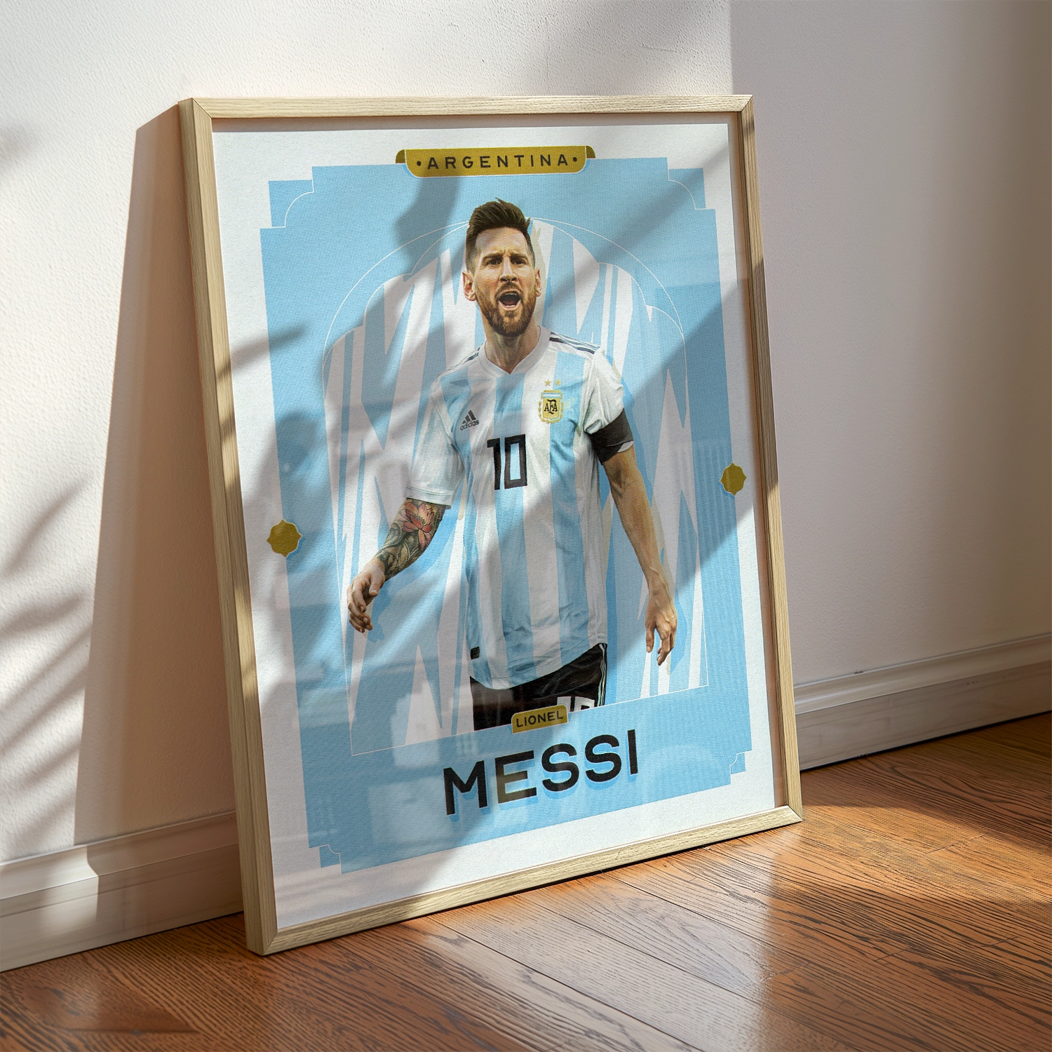 A Lionel Messi poster displayed as modern sports wall art in the home of a Argentina fan.
