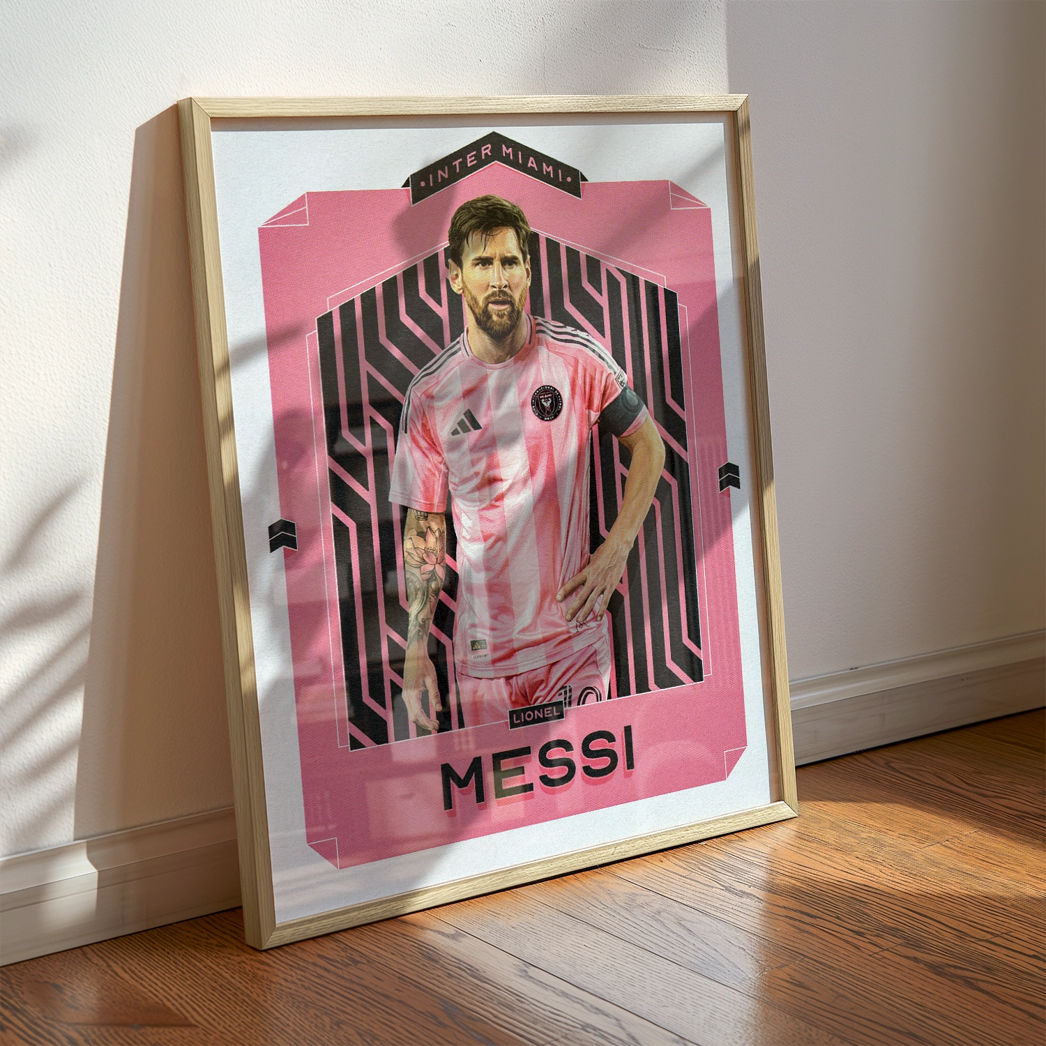 A Lionel Messi poster displayed as modern sports wall art in the home of a Inter Miami fan.