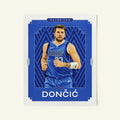 Poster of Luka Doncic of the Dallas Maverics in a vintage trading card style.