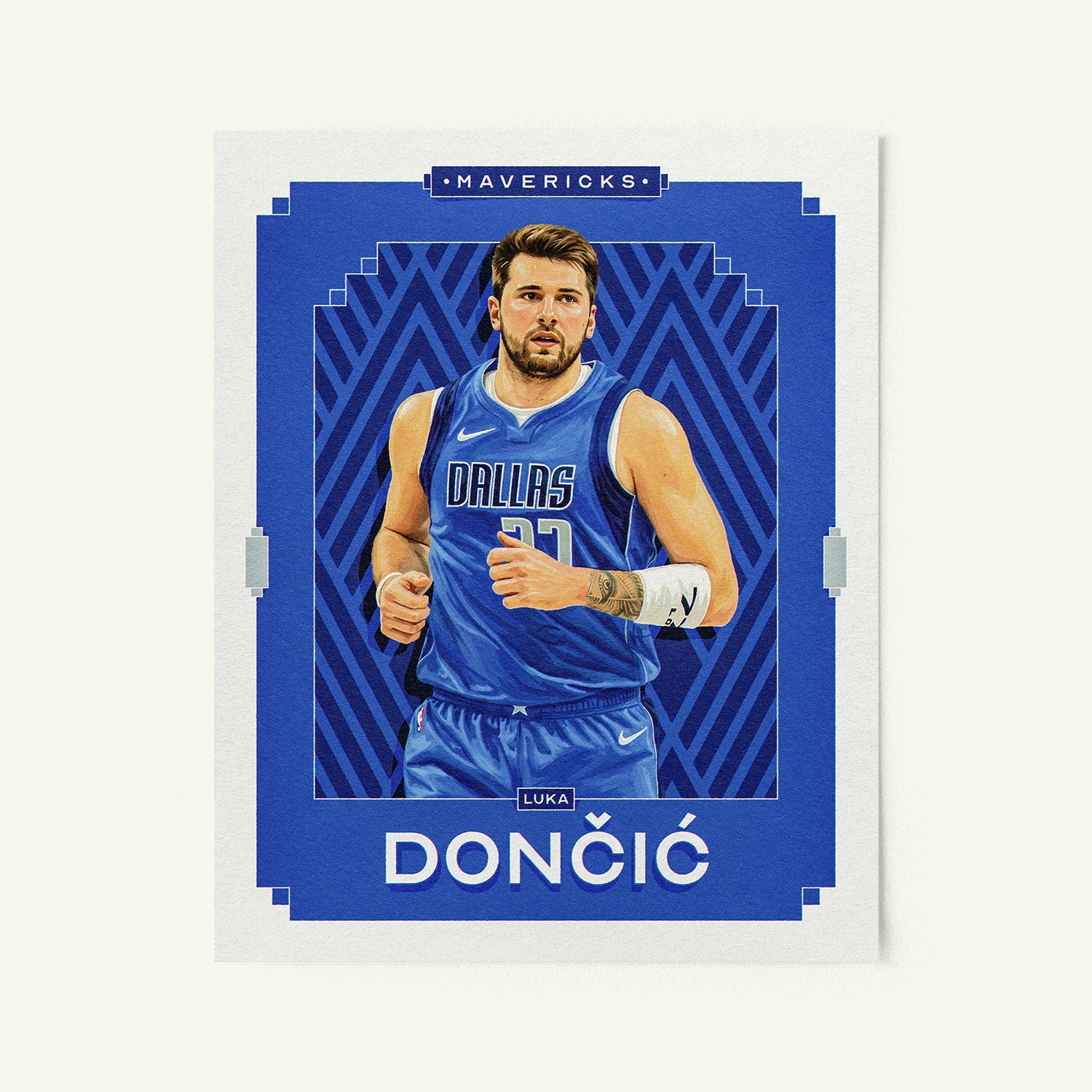 Poster of Luka Doncic of the Dallas Maverics in a vintage trading card style.