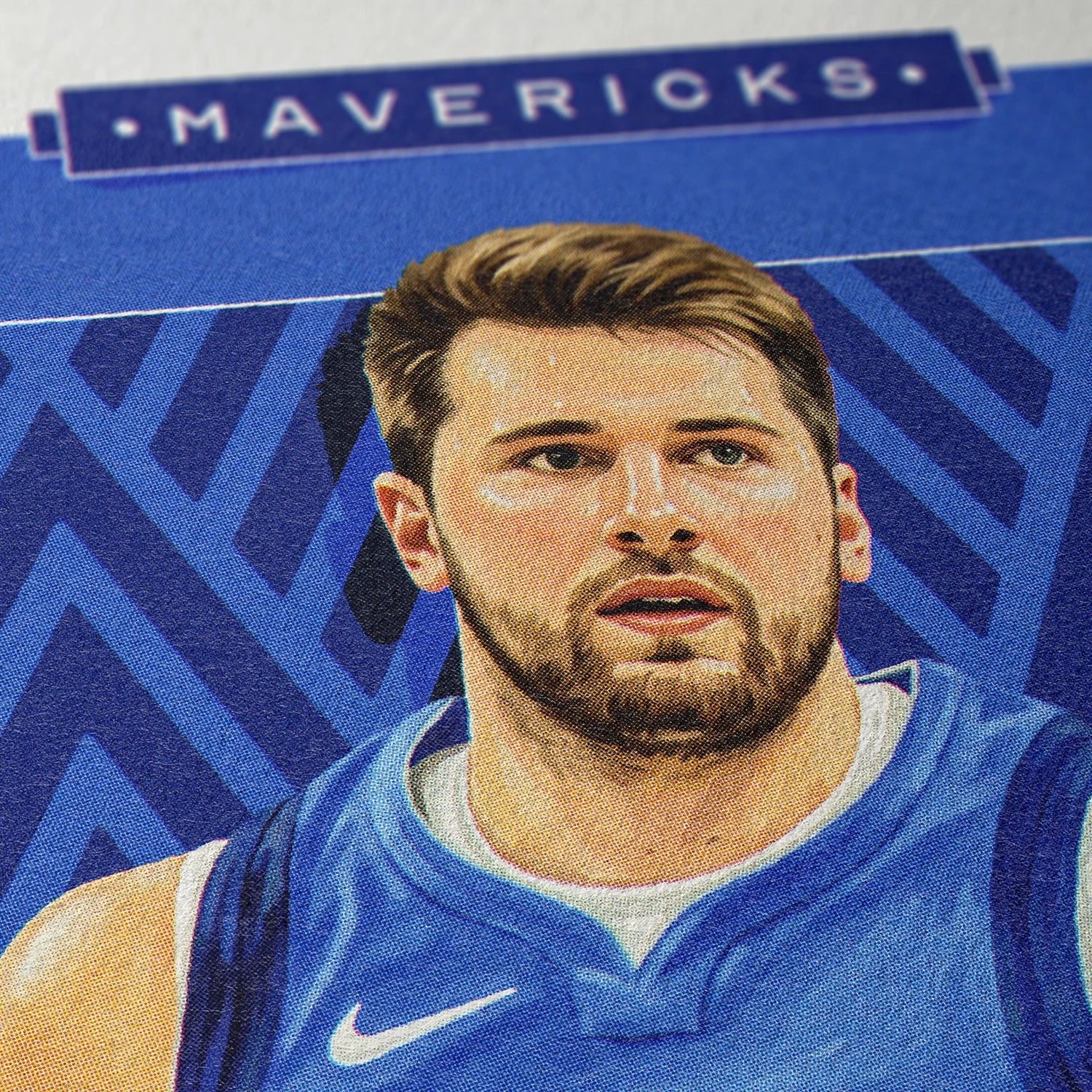 Closeup of our Luka Doncic Dallas Maverics Poster showing the high-definition design quality and vintage graphic elements.