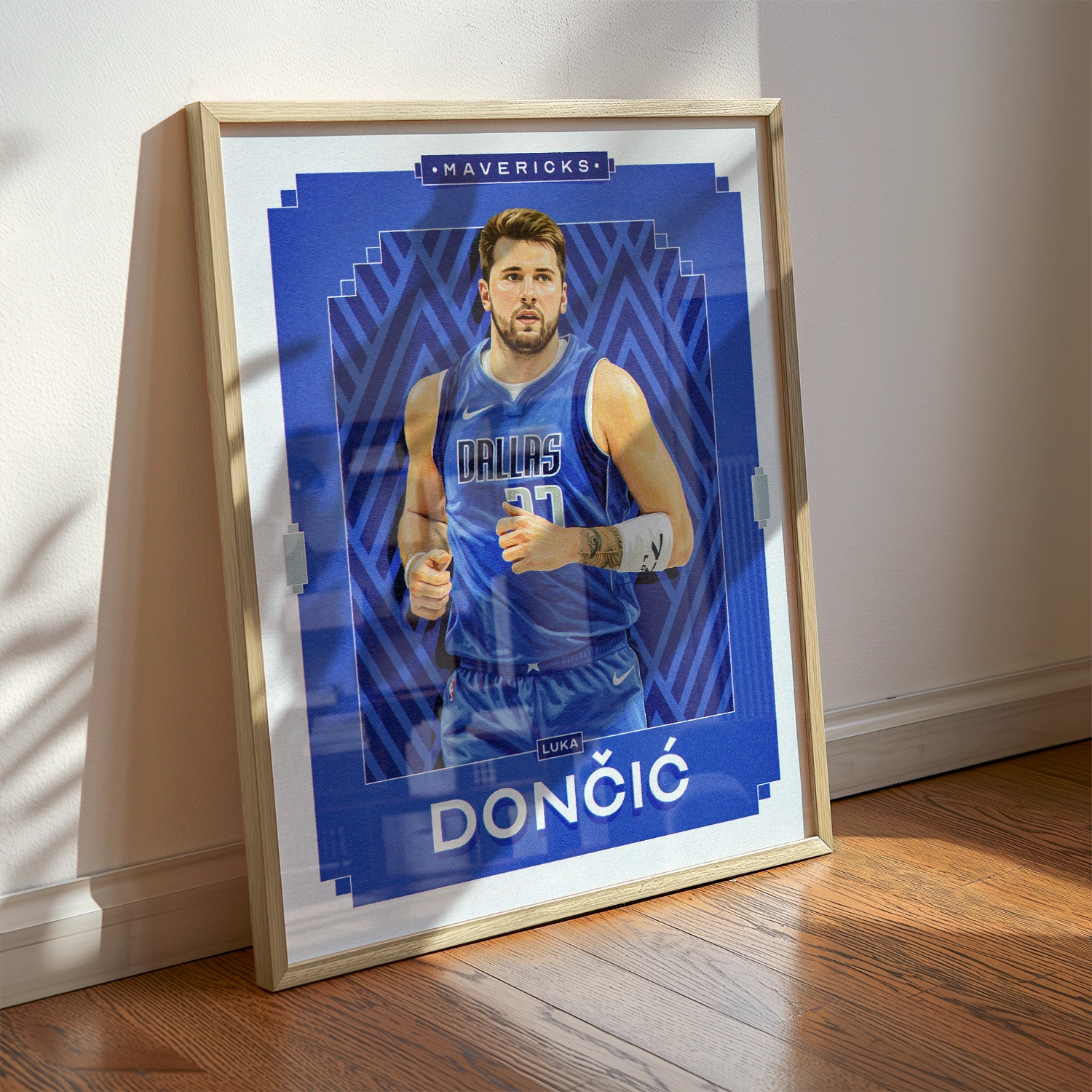 A Luka Doncic poster displayed as modern sports wall art in the home of a Dallas Maverics fan.