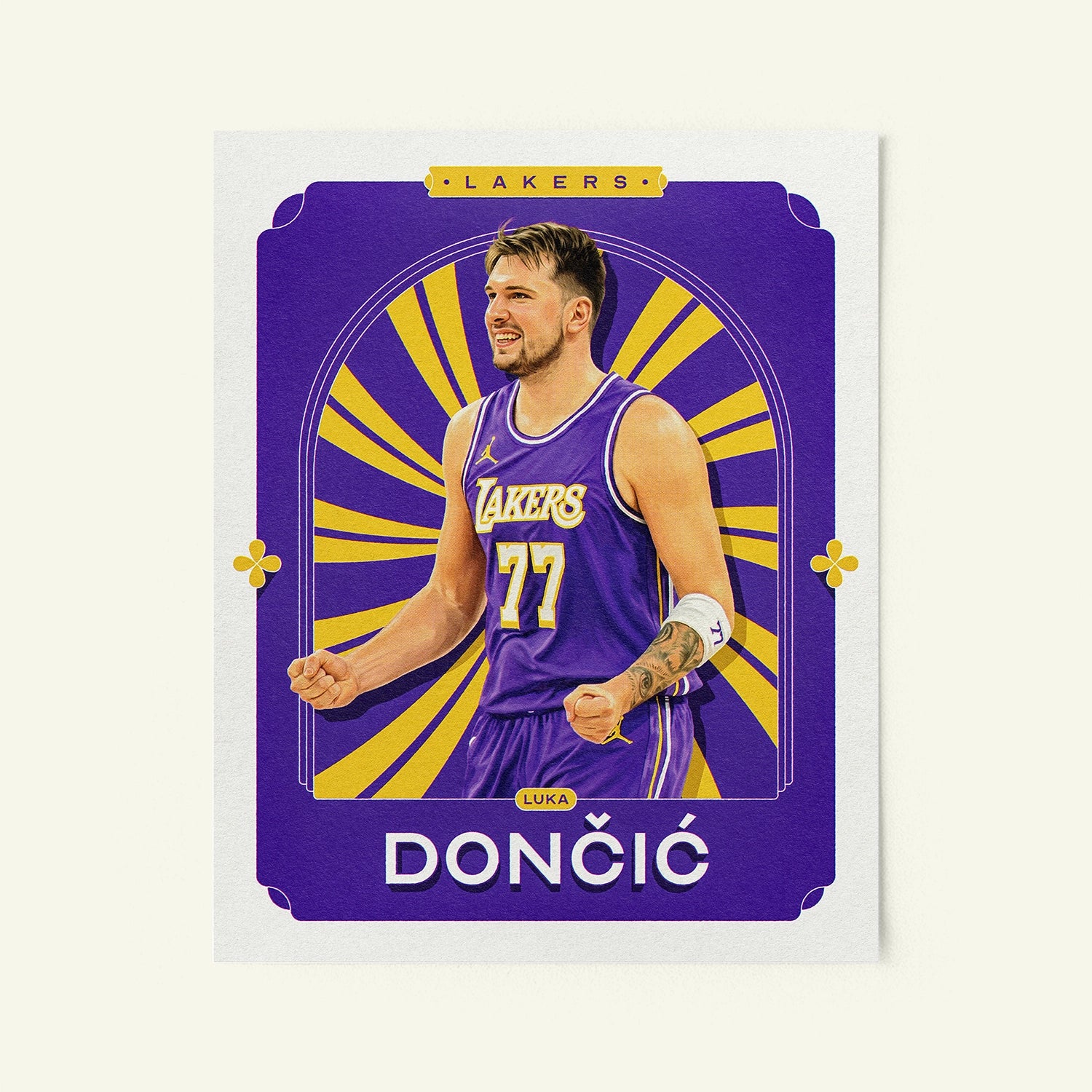 Poster of Luka Doncic of the Los Angeles Lakers in a vintage trading card style.