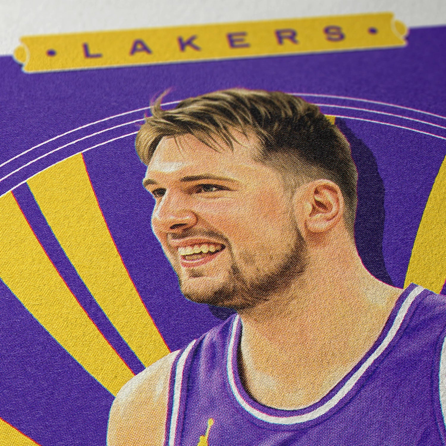 Closeup of our Luka Doncic Los Angeles Lakers Poster showing the high-definition design quality and vintage graphic elements.