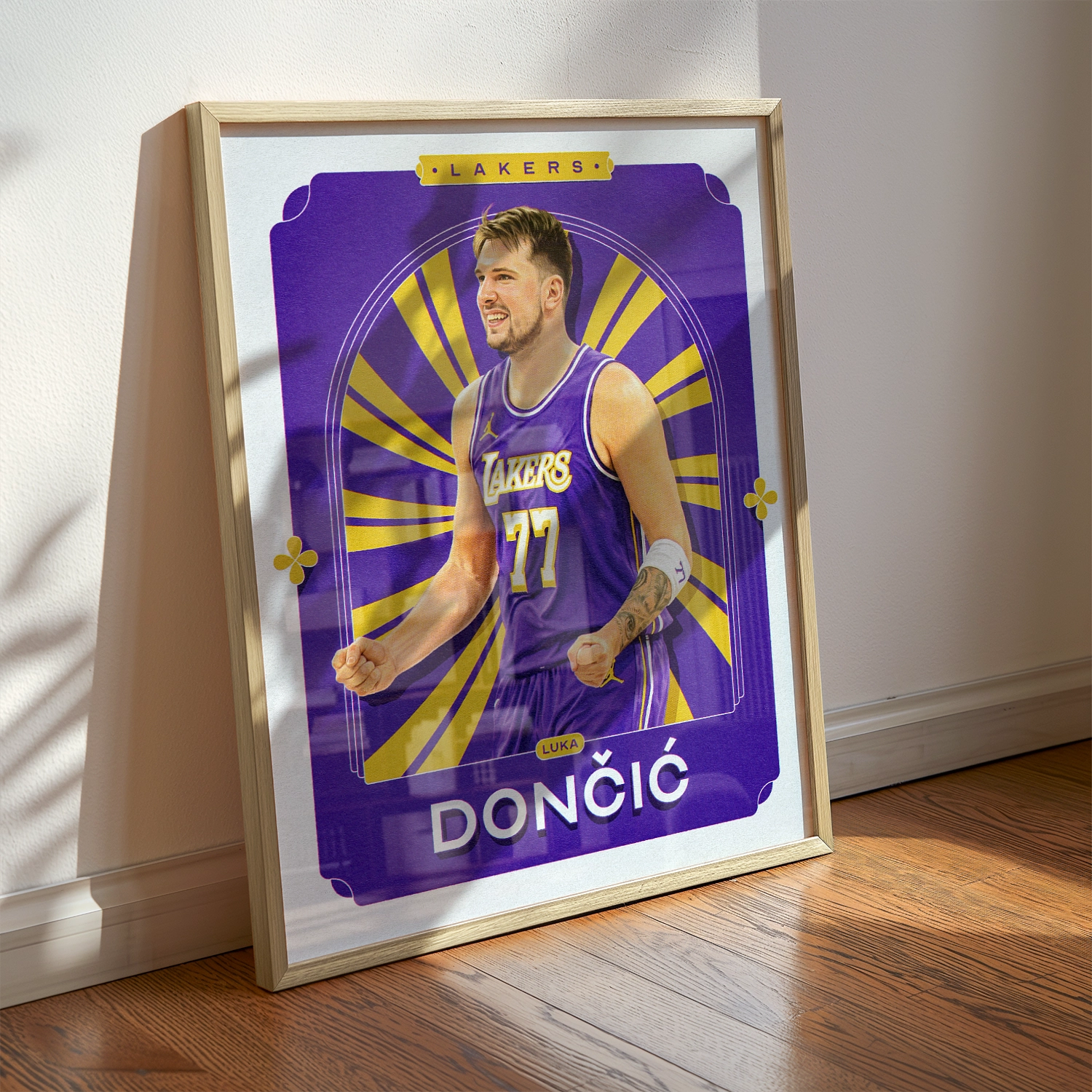 A Luka Doncic poster displayed as modern sports wall art in the home of a Los Angeles Lakers fan.