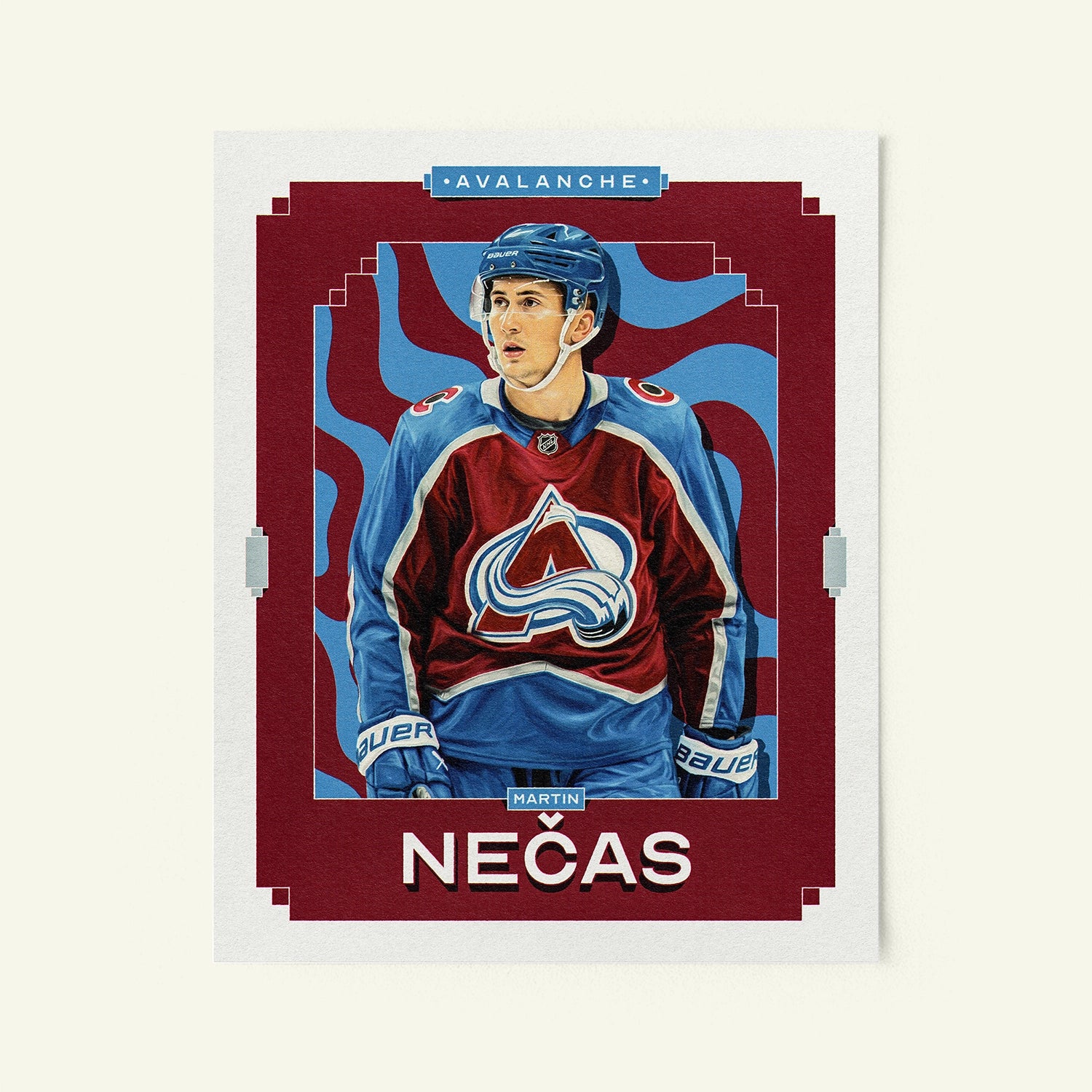 Poster of Martin Necas of the Colorado Avalanche in a vintage trading card style.