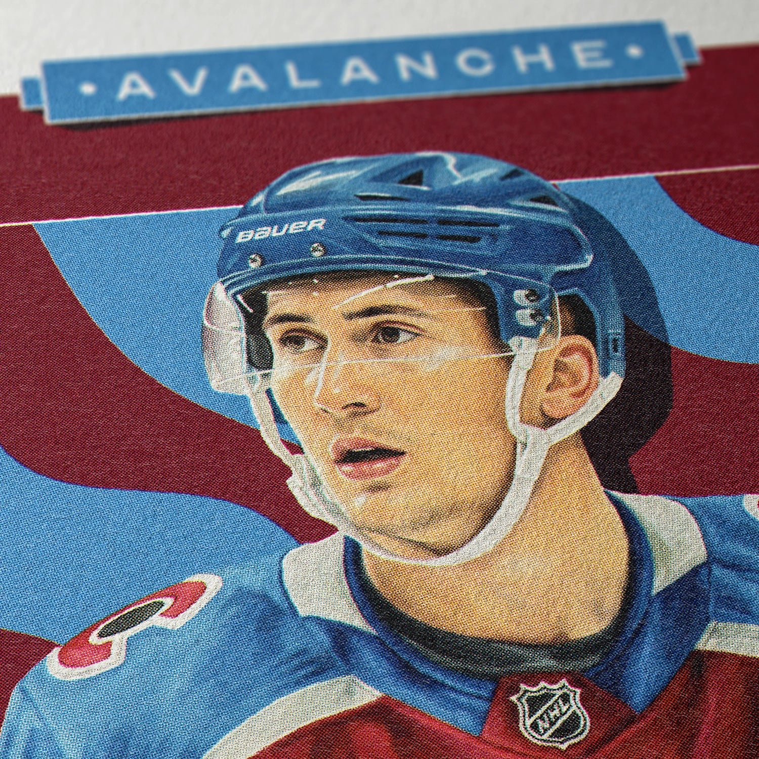 Closeup of our Martin Necas Colorado Avalanche Poster showing the high-definition design quality and vintage graphic elements.