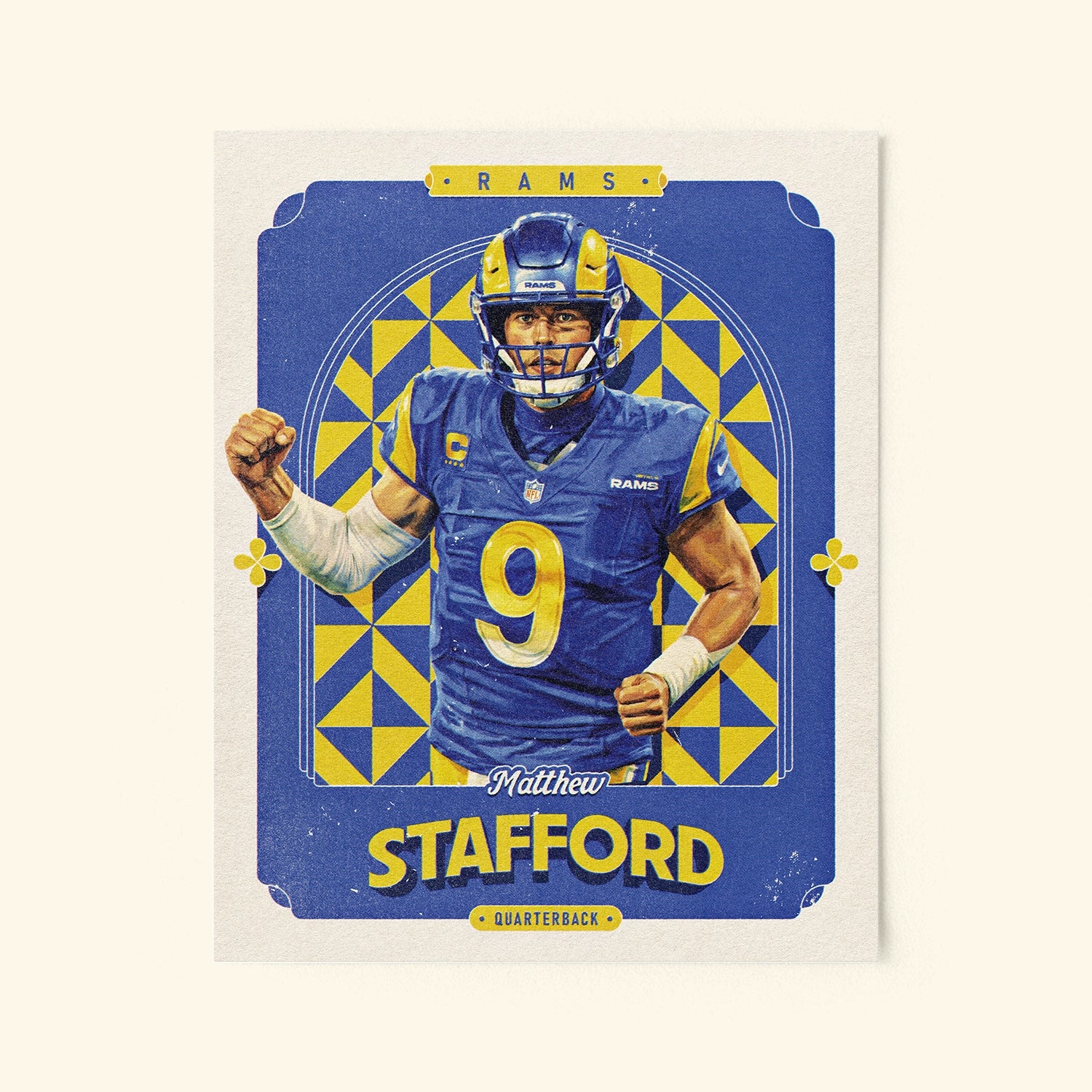 Poster of Matthew Stafford of the LA Rams in a vintage trading card style.