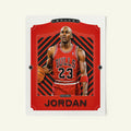 Poster of Michael Jordan of the Chicago Bulls in a vintage trading card style.