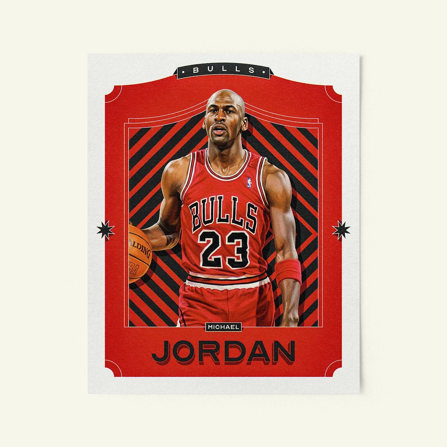 Poster of Michael Jordan of the Chicago Bulls in a vintage trading card style.