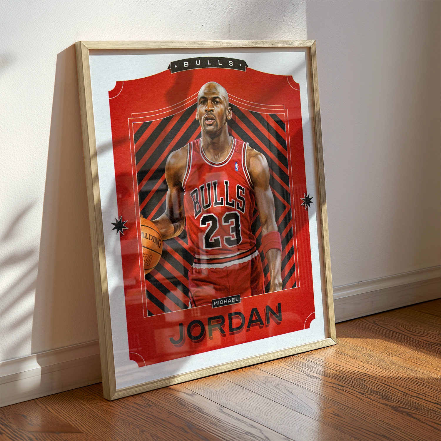 A Michael Jordan poster displayed as modern sports wall art in the home of a Chicago Bulls fan.