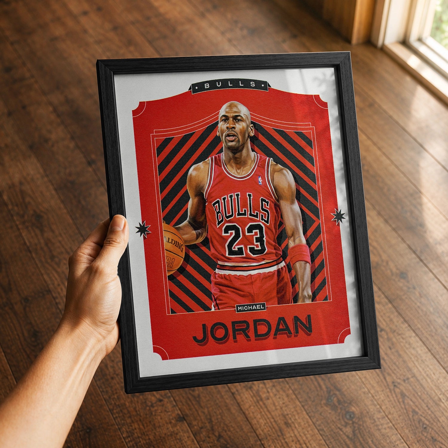 A premium Michael Jordan poster in a 8x10 frame being gifted to a Chicago Bulls fan.