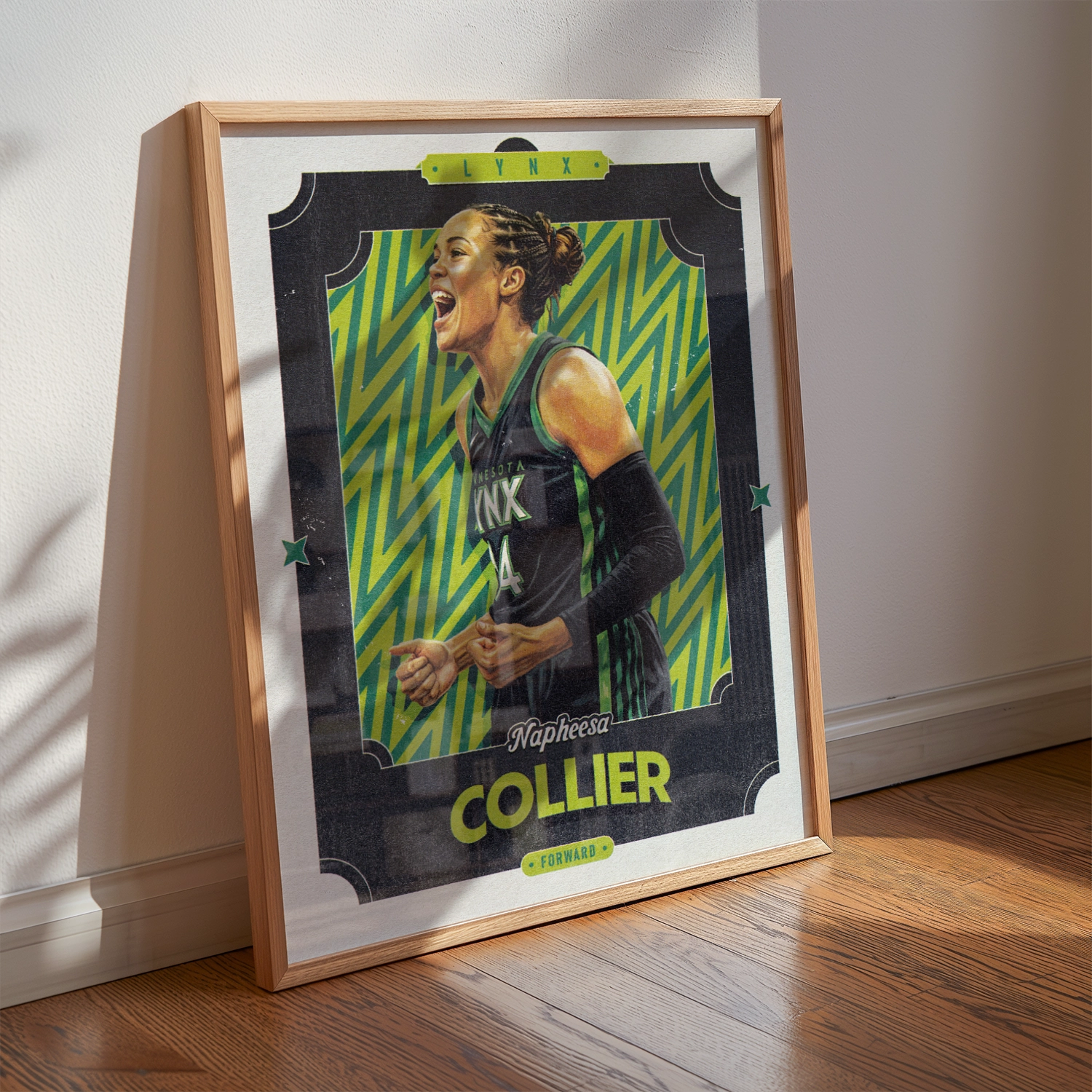 A Napheesa Collier poster displayed as modern sports wall art in the home of a Minnesota Lynx fan.