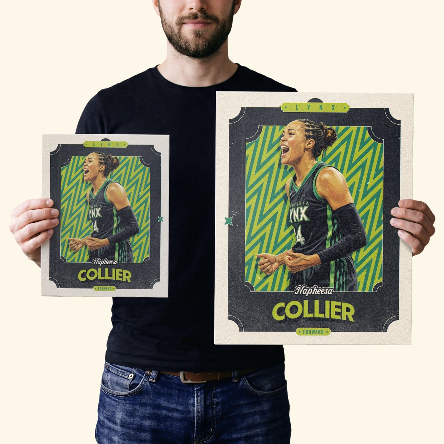 Two vintage inspired posters of Napheesa Collier in the sizes 20x25cm or 8x10 inches and 40x50cm or 16x20 inches, held by a Minnesota Lynx fan.