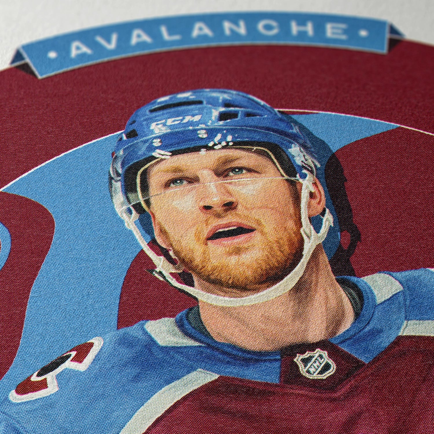 Closeup of our Nathan MacKinnon Colorado Avalanche Poster showing the high-definition design quality and vintage graphic elements.