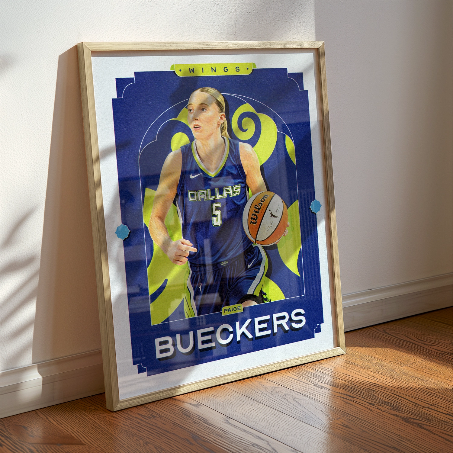 A Paige Bueckers poster displayed as modern sports wall art in the home of a Dallas Wings fan.