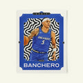 Poster of Paolo Banchero of the Orlando Magic in a vintage trading card style.