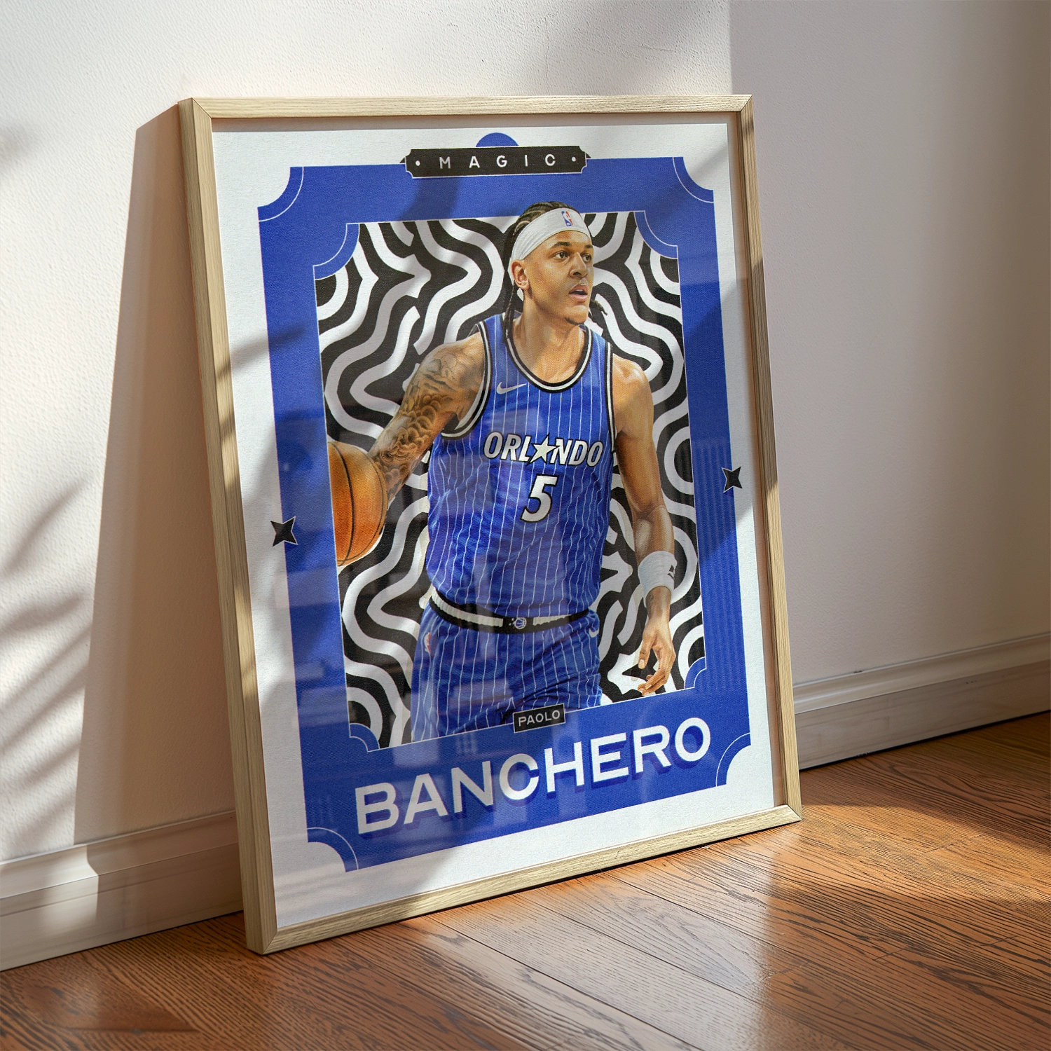 A Paolo Banchero poster displayed as modern sports wall art in the home of a Orlando Magic fan.