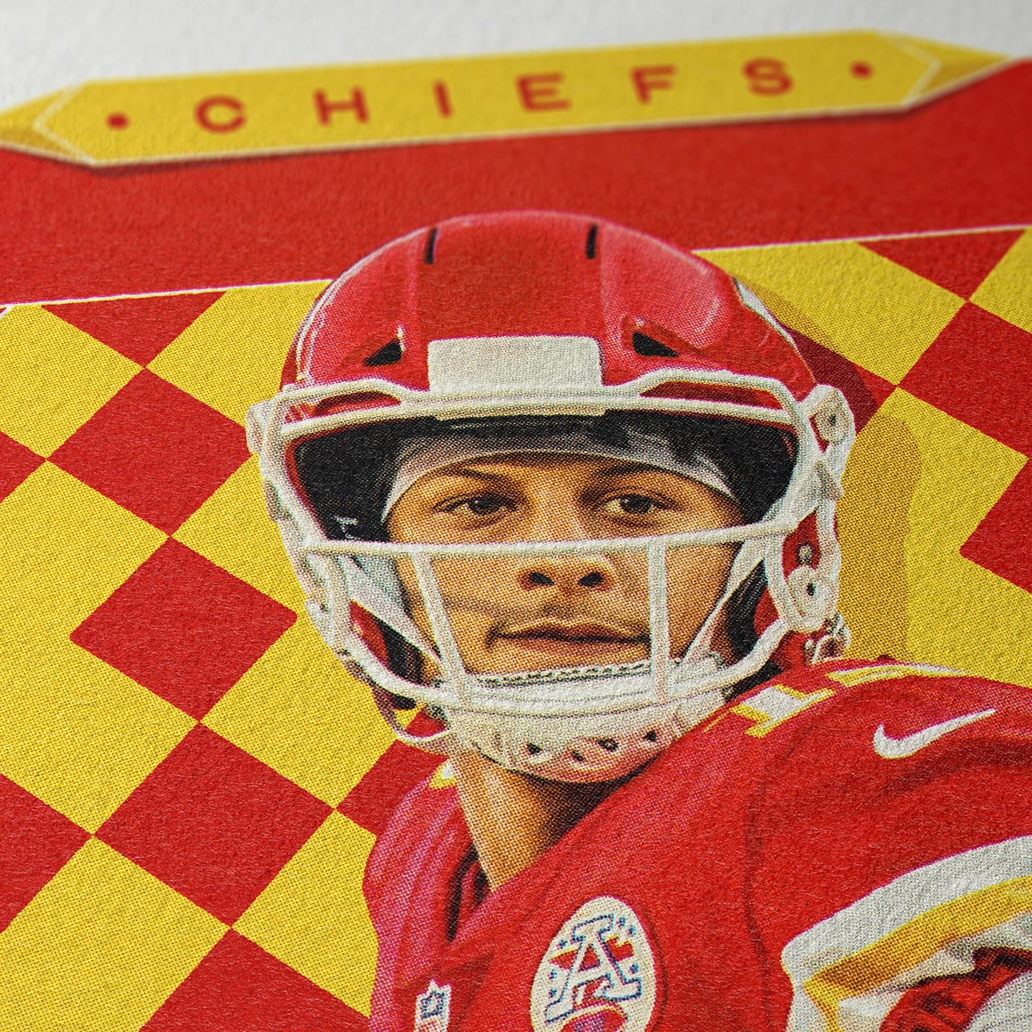 Closeup of our Patrick Mahomes Kansas City Chiefs Poster showing the high-definition design quality and vintage graphic elements.