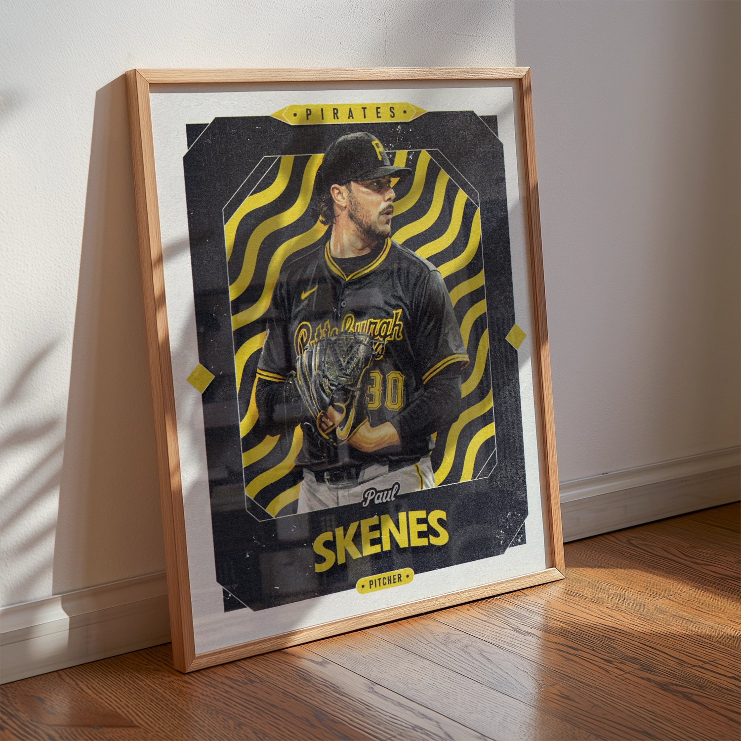 A Paul Skenes poster displayed as modern sports wall art in the home of a Pittsburgh Pirates fan.