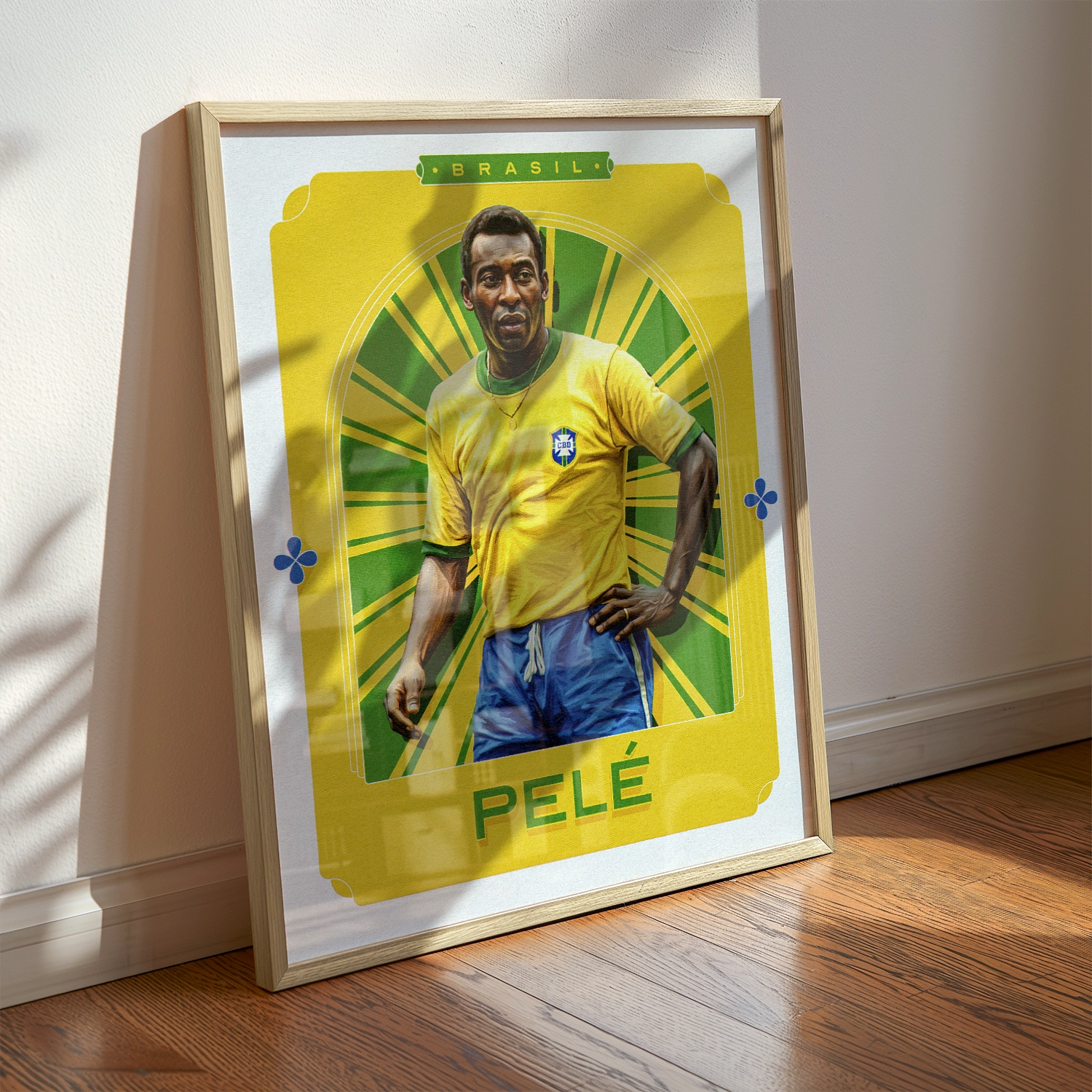 A Pele poster displayed as modern sports wall art in the home of a Brazil fan.