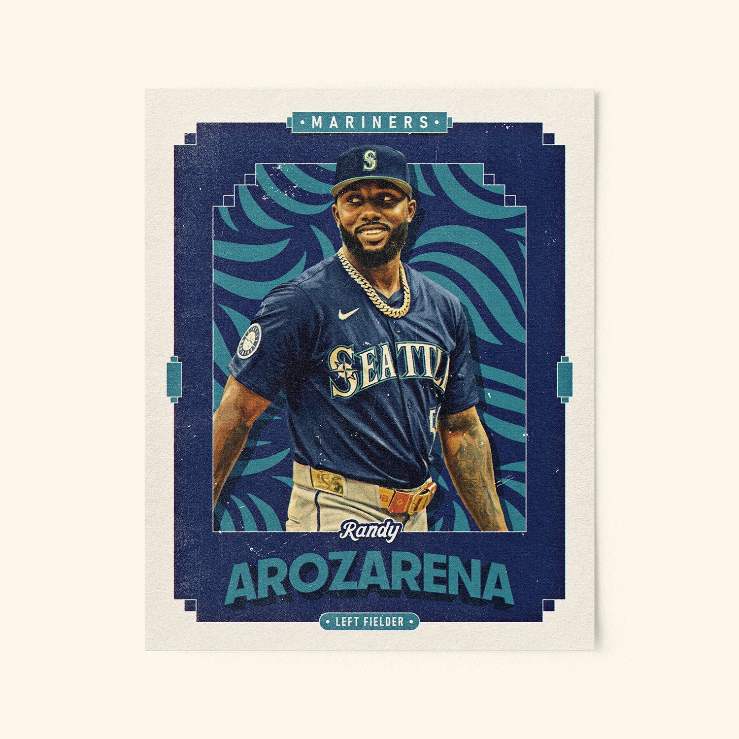 Poster of Randy Arozarena of the Seattle Mariners in a vintage trading card style.