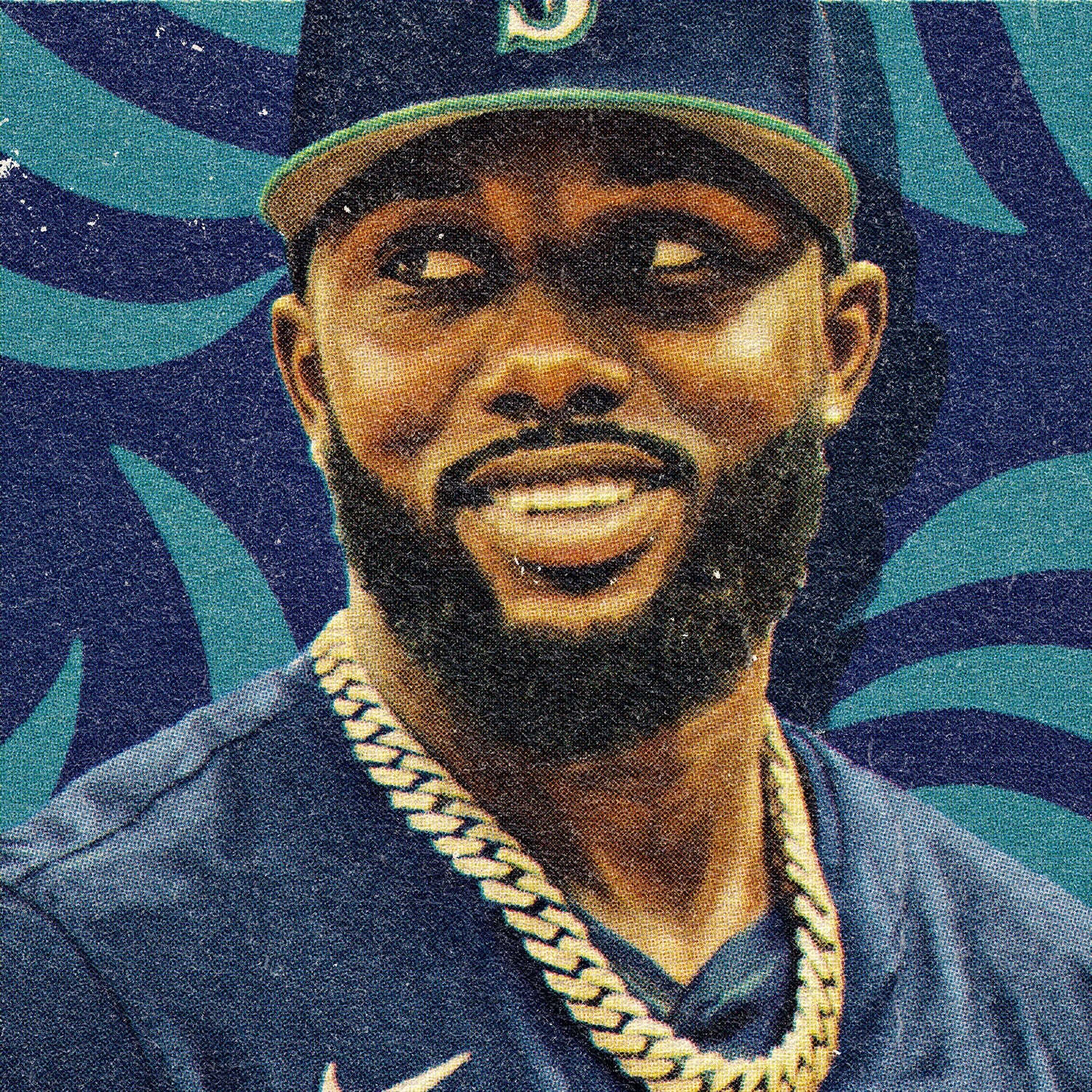 Closeup of our Randy Arozarena Mariners Poster showing the high-definition design quality and vintage graphic elements.