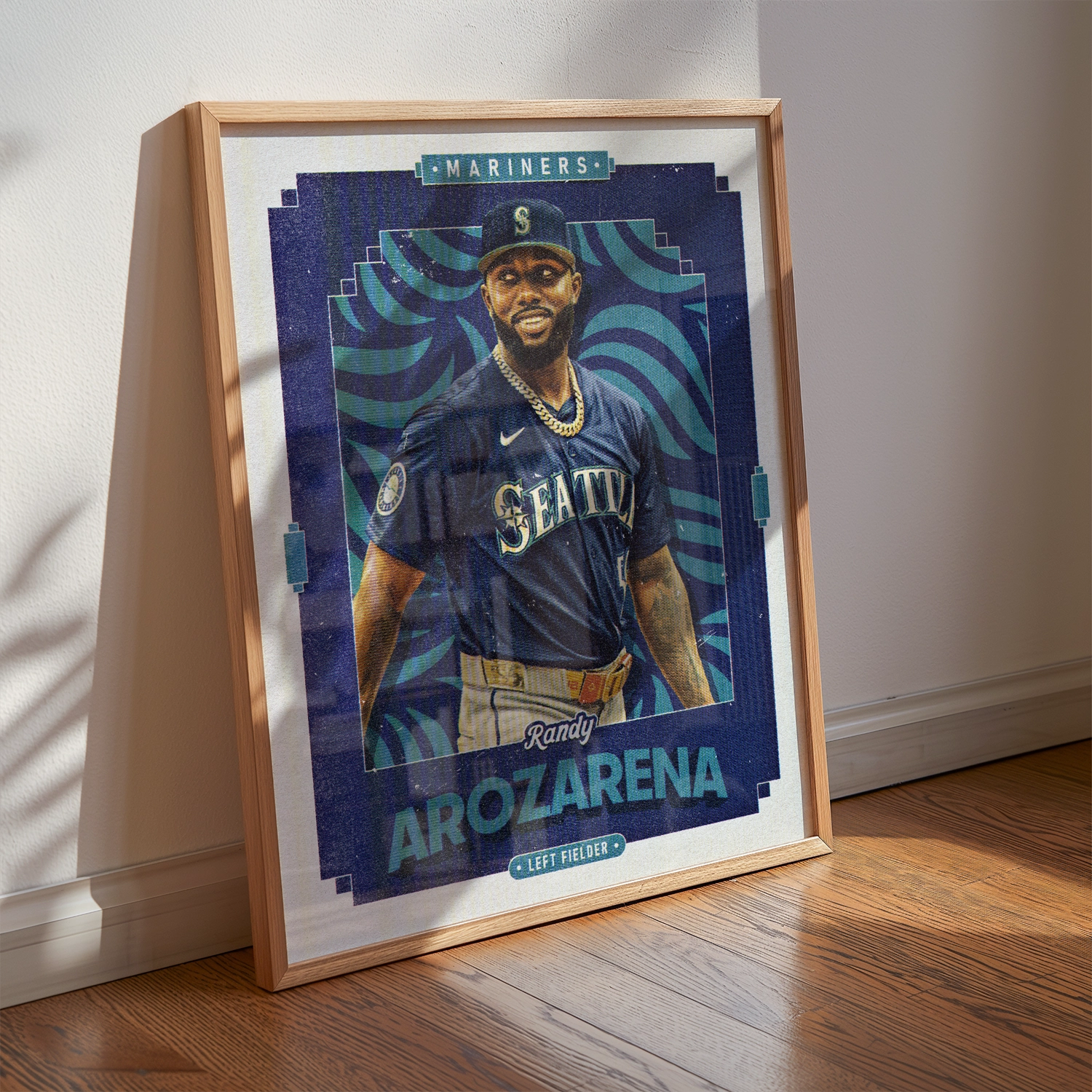 A Randy Arozarena poster displayed as modern sports wall art in the home of a Seattle Mariners fan.