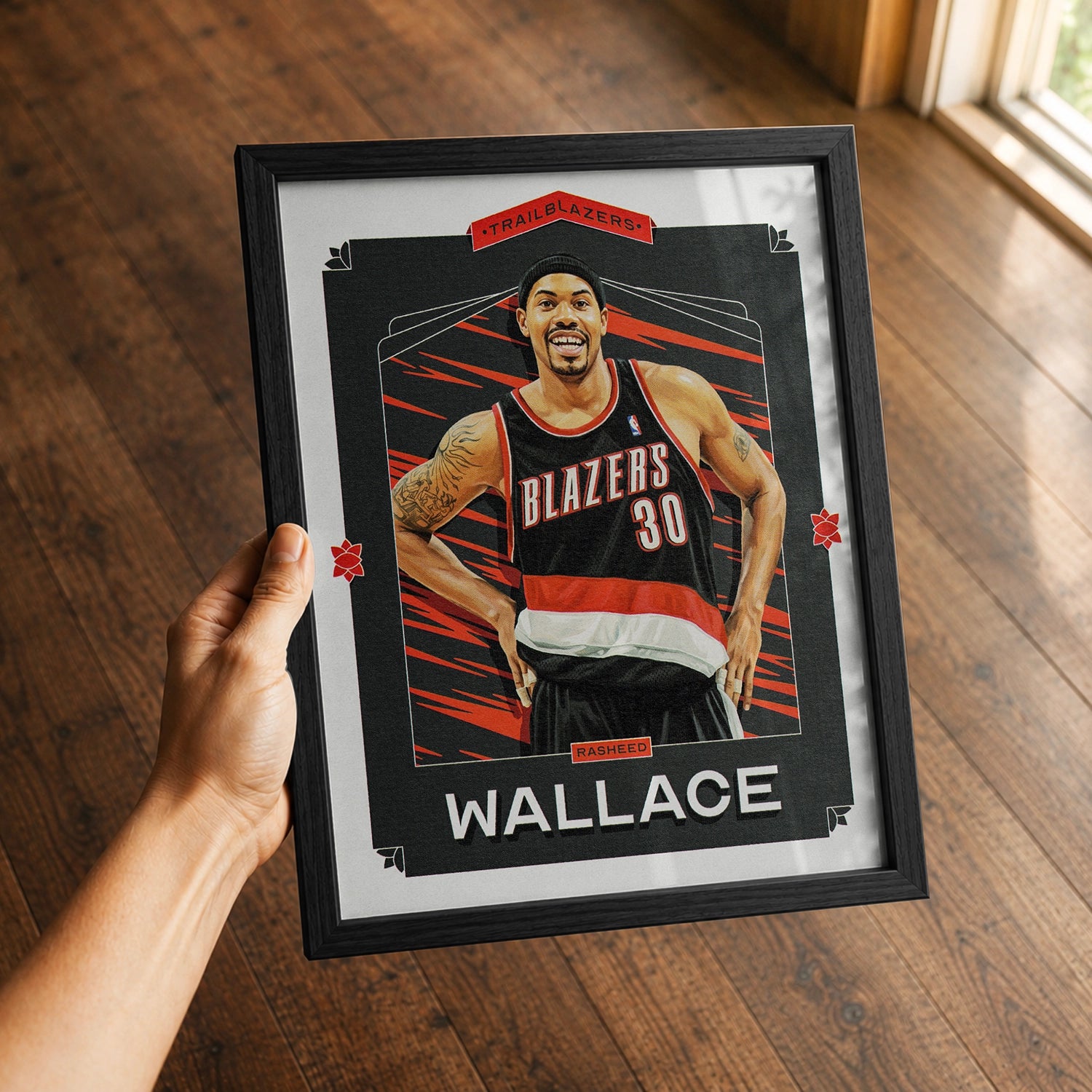 A premium Rasheed Wallace poster in a 8x10 frame being gifted to a Portland Trail Blazers fan.