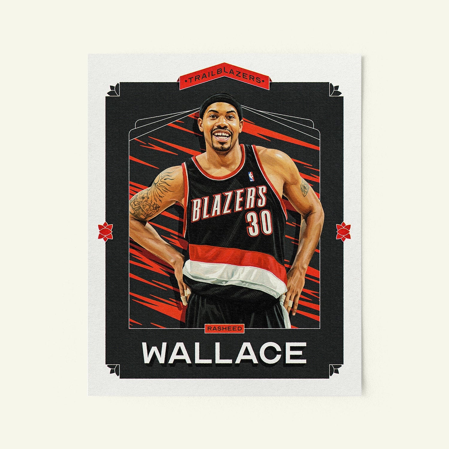 Poster of Rasheed Wallace of the Portland Trail Blazers in a vintage trading card style.