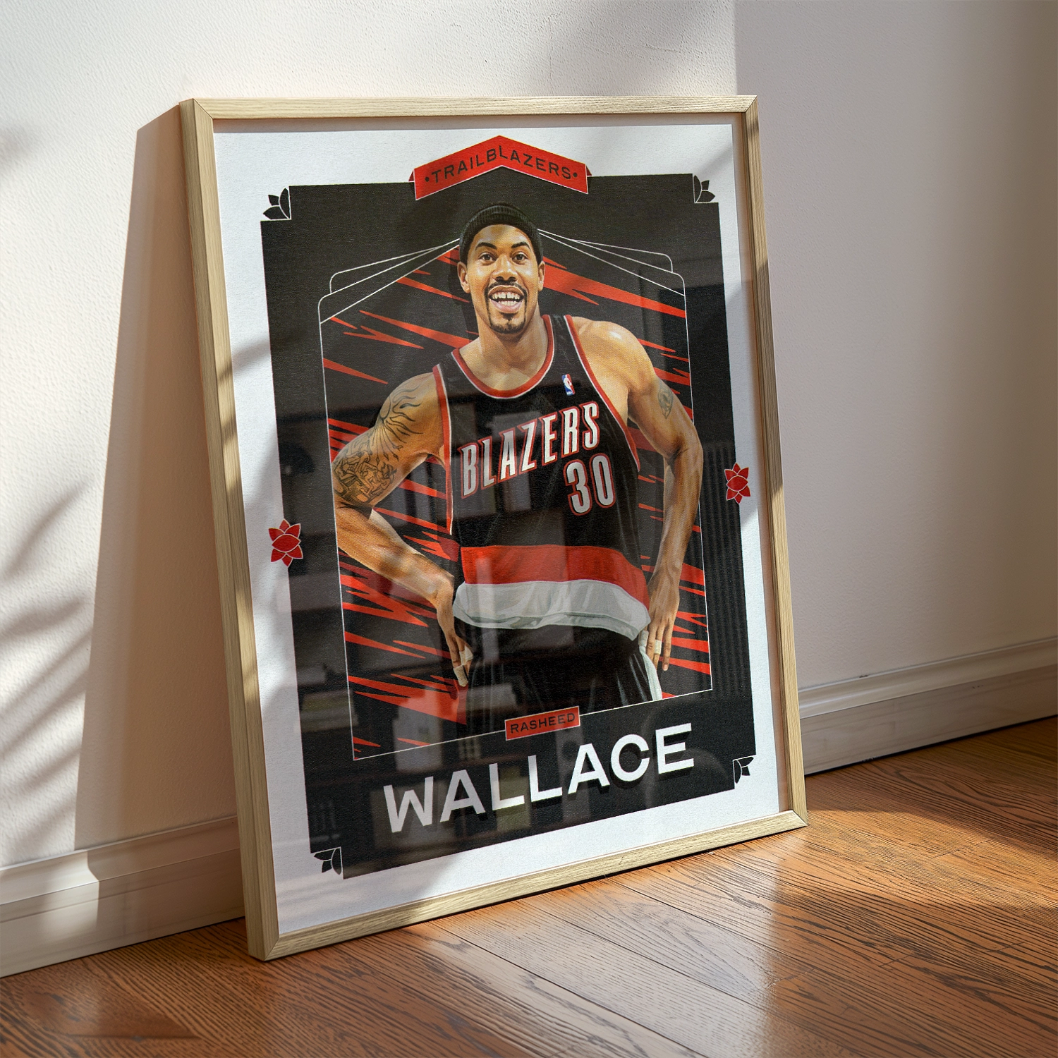 A Rasheed Wallace poster displayed as modern sports wall art in the home of a Portland Trail Blazers fan.