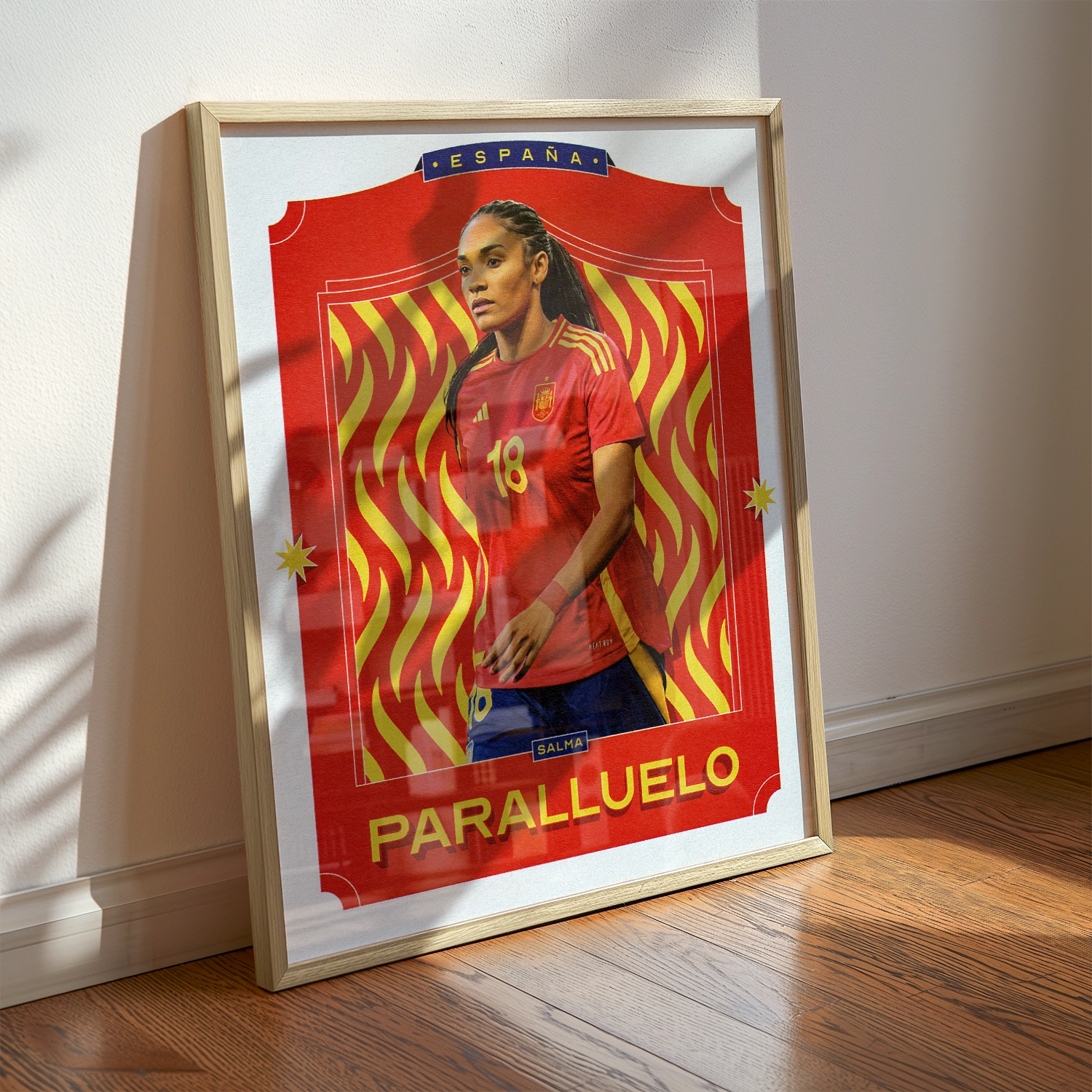 A Salma Paralluelo poster displayed as modern sports wall art in the home of a Spain fan.