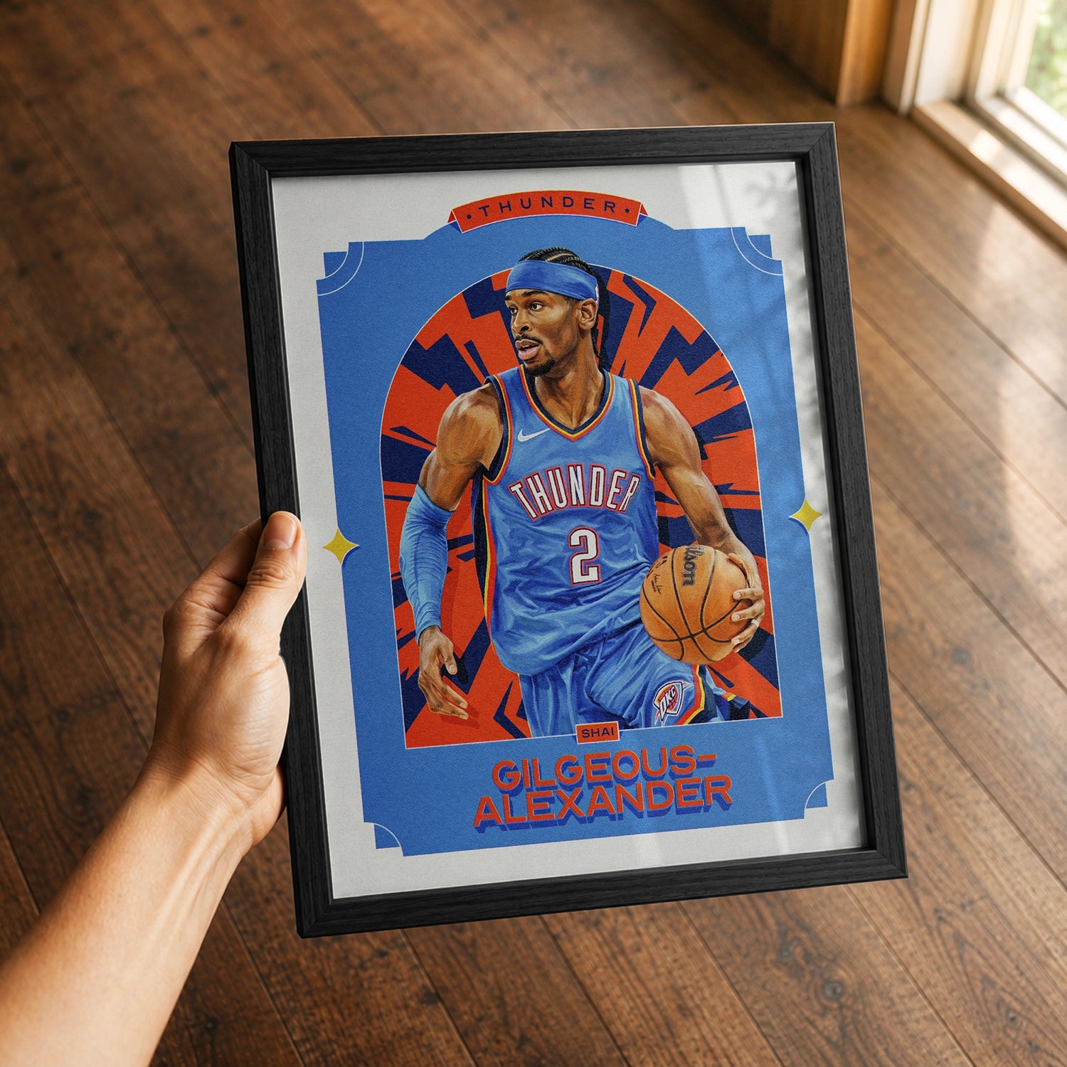 A premium Shai Gilgeous-Alexander poster in a 8x10 frame being gifted to a Oklahoma City Thunder fan.