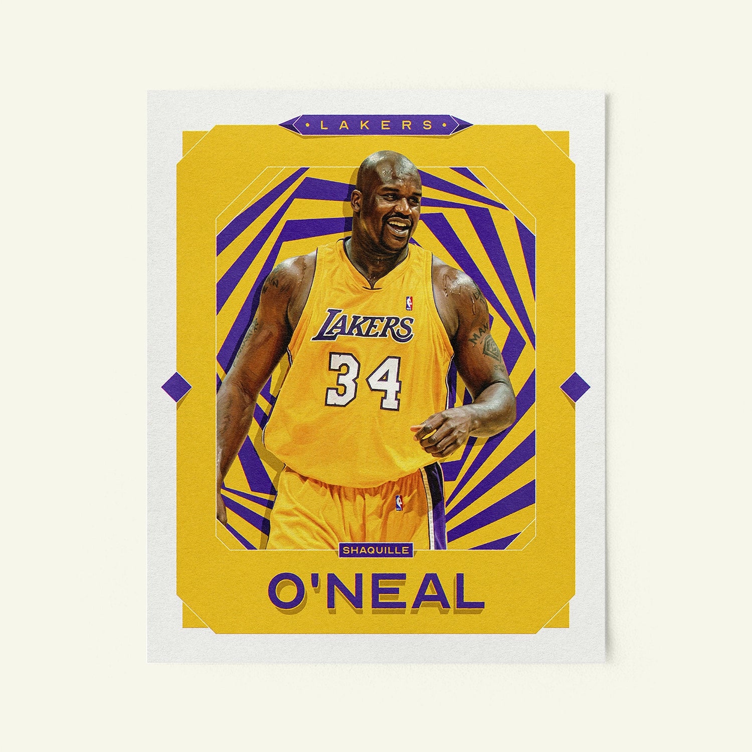 Poster of Shaquille O'neal of the Los Angeles Lakers in a vintage trading card style.