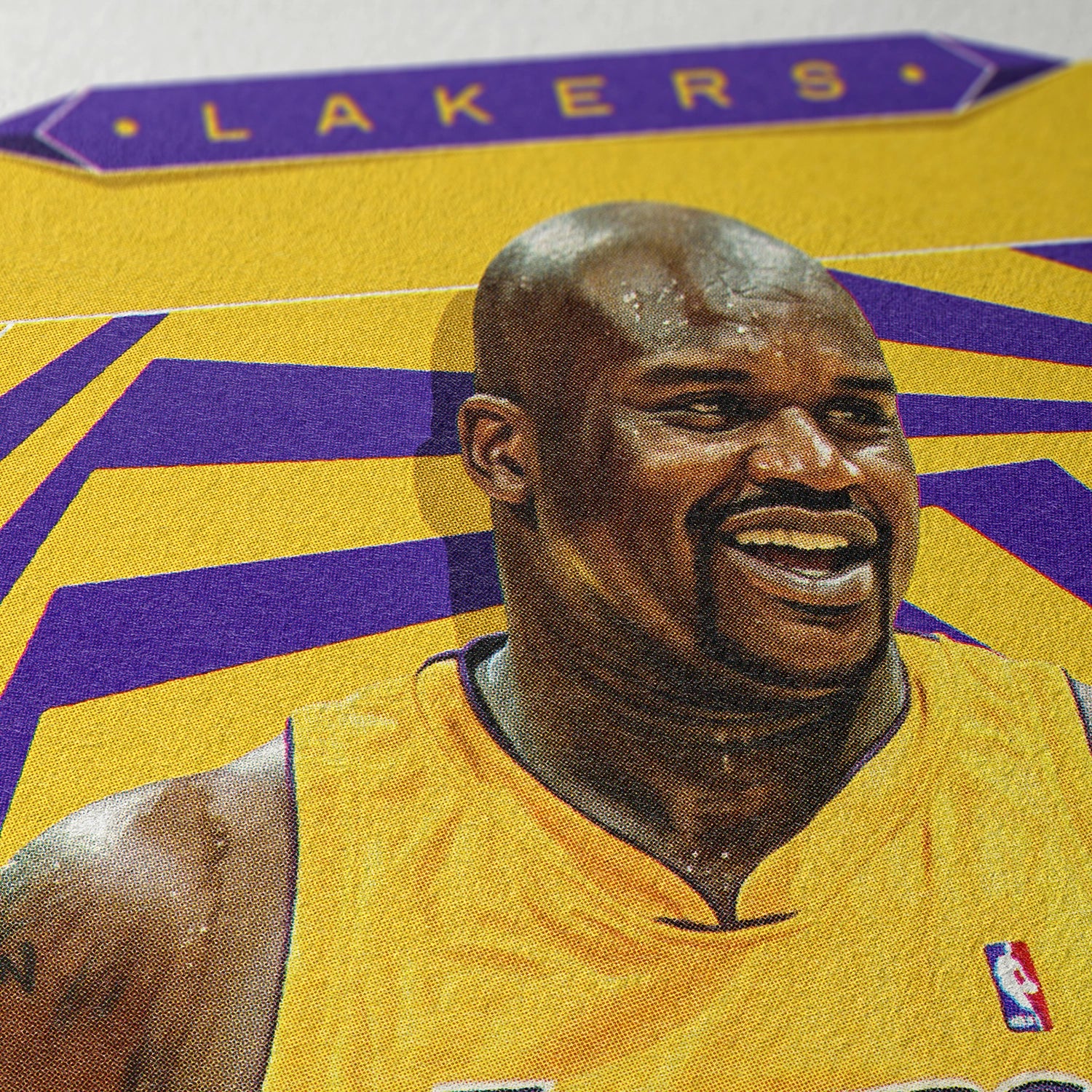 Closeup of our Shaquille O'neal Los Angeles Lakers Poster showing the high-definition design quality and vintage graphic elements.