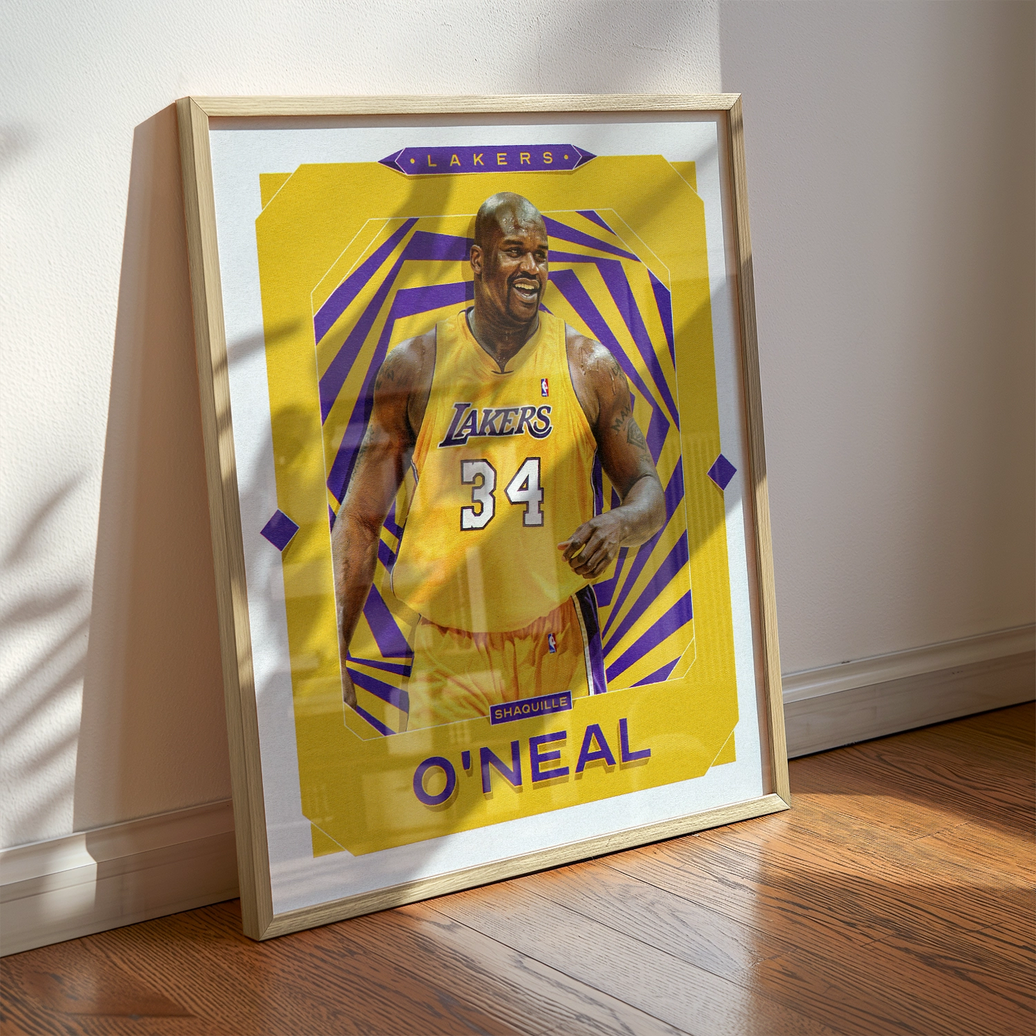 A Shaquille O'neal poster displayed as modern sports wall art in the home of a Los Angeles Lakers fan.