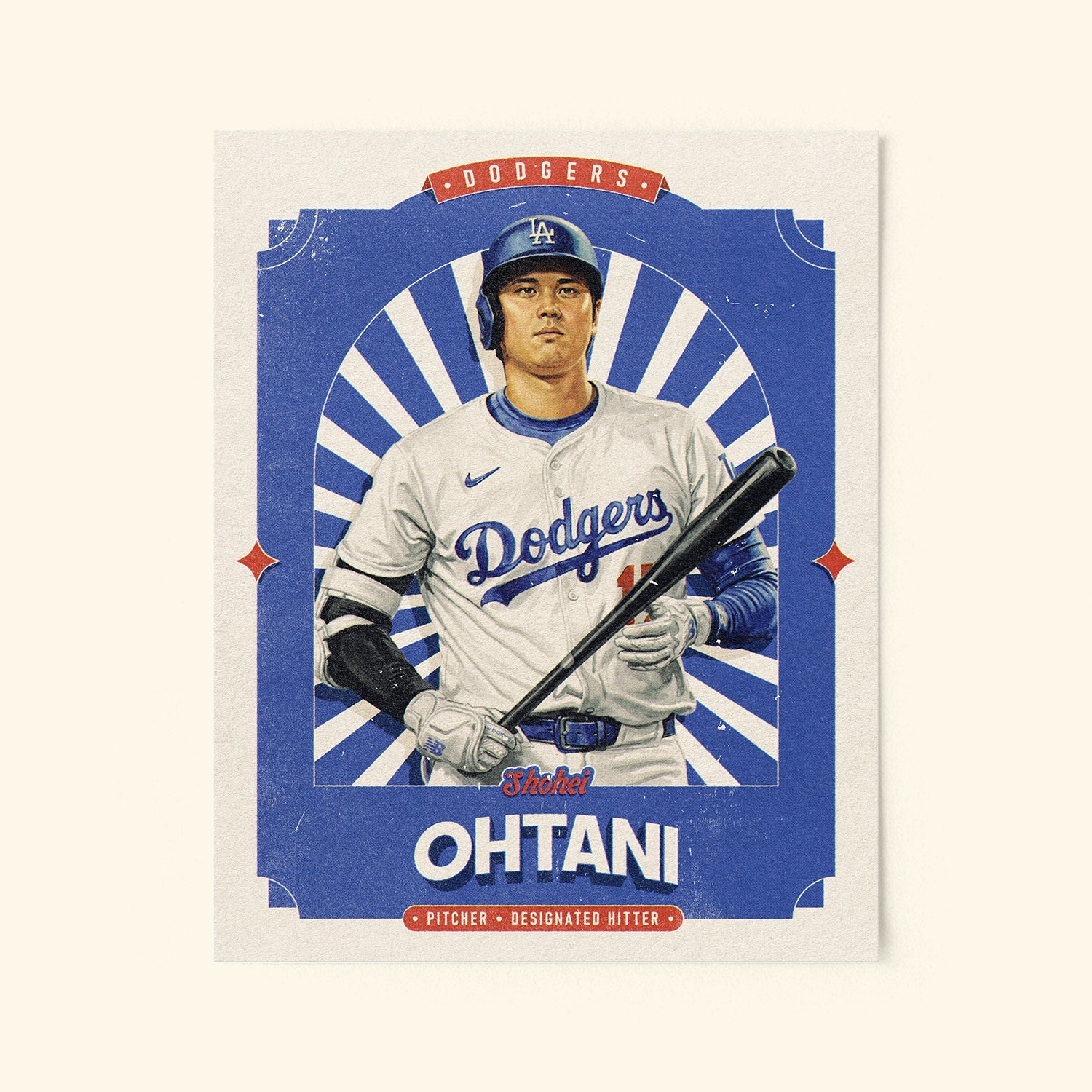Poster of Shohei Ohtani of the LA Dodgers in a vintage trading card style.