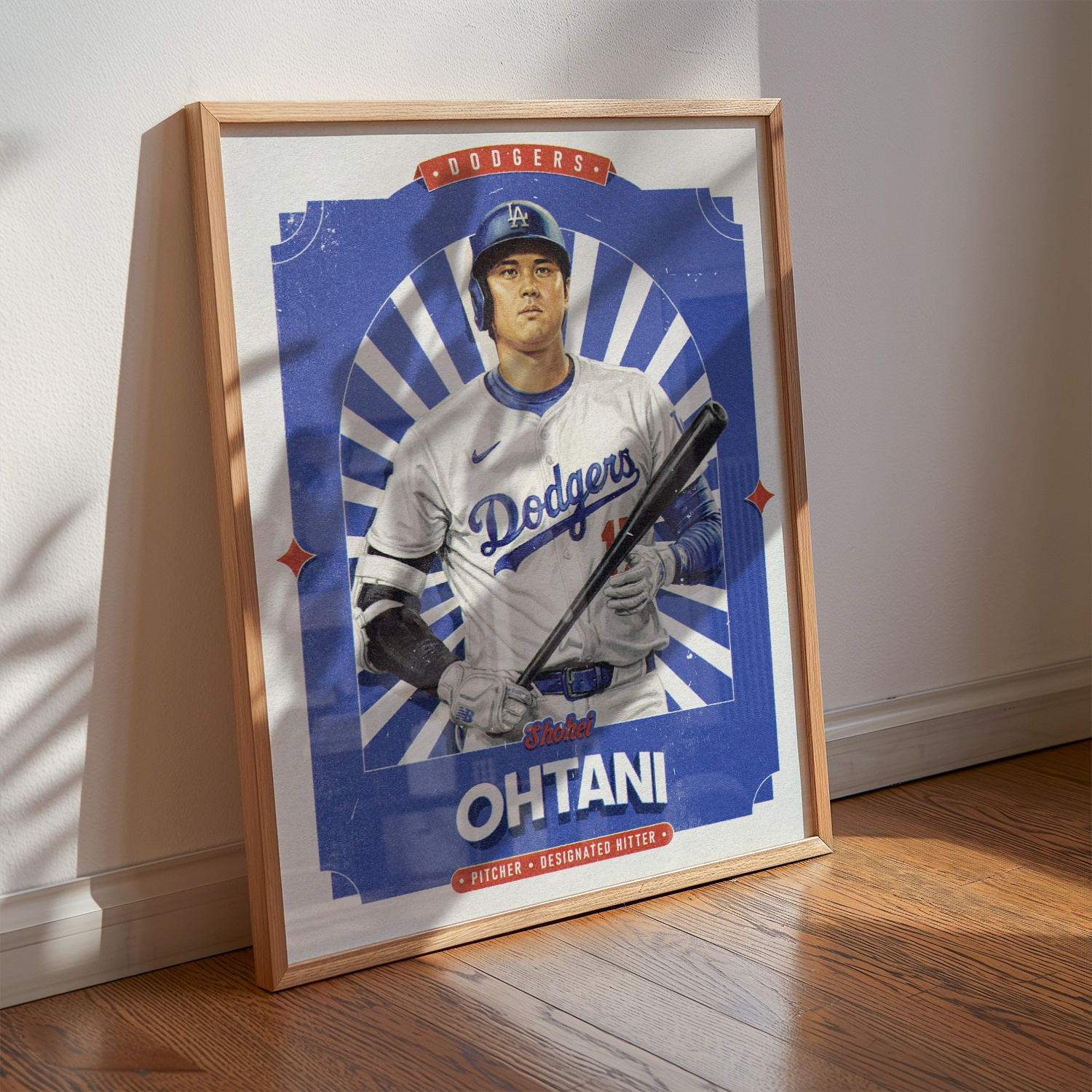 A Shohei Ohtani poster displayed as modern sports wall art in the home of a LA Dodgers fan.