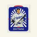 Poster of Shohei Ohtani of the Los Angeles Dodgers in a vintage trading card style.
