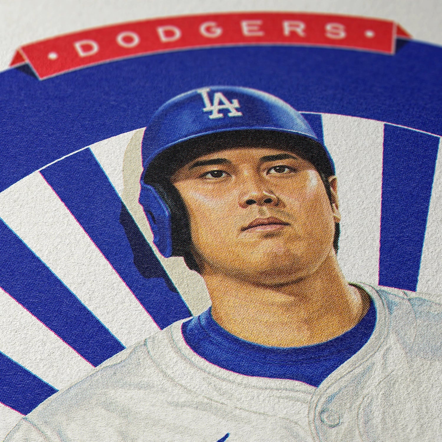 Closeup of our Shohei Ohtani Los Angeles Dodgers Poster showing the high-definition design quality and vintage graphic elements.