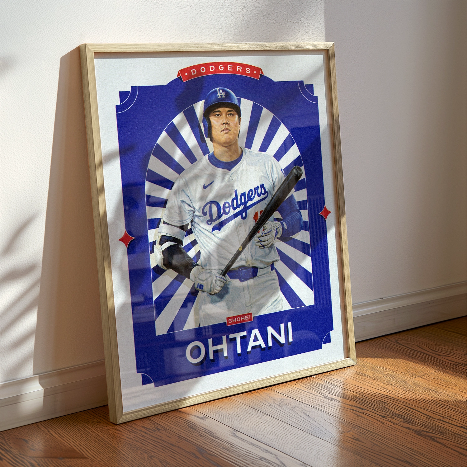 A Shohei Ohtani poster displayed as modern sports wall art in the home of a Los Angeles Dodgers fan.