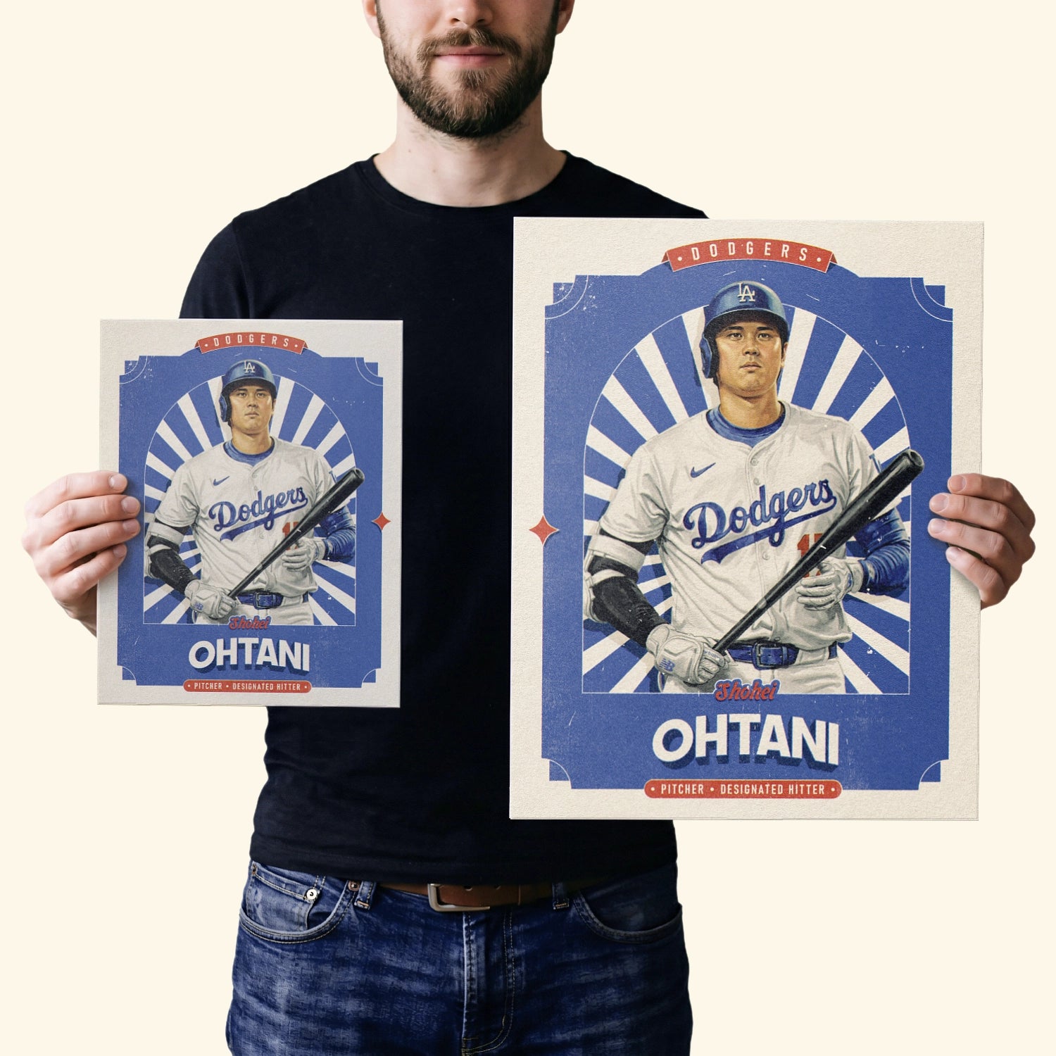 Two vintage inspired posters of Shohei Ohtani in the sizes 20x25cm or 8x10 inches and 40x50cm or 16x20 inches, held by a LA Dodgers fan.