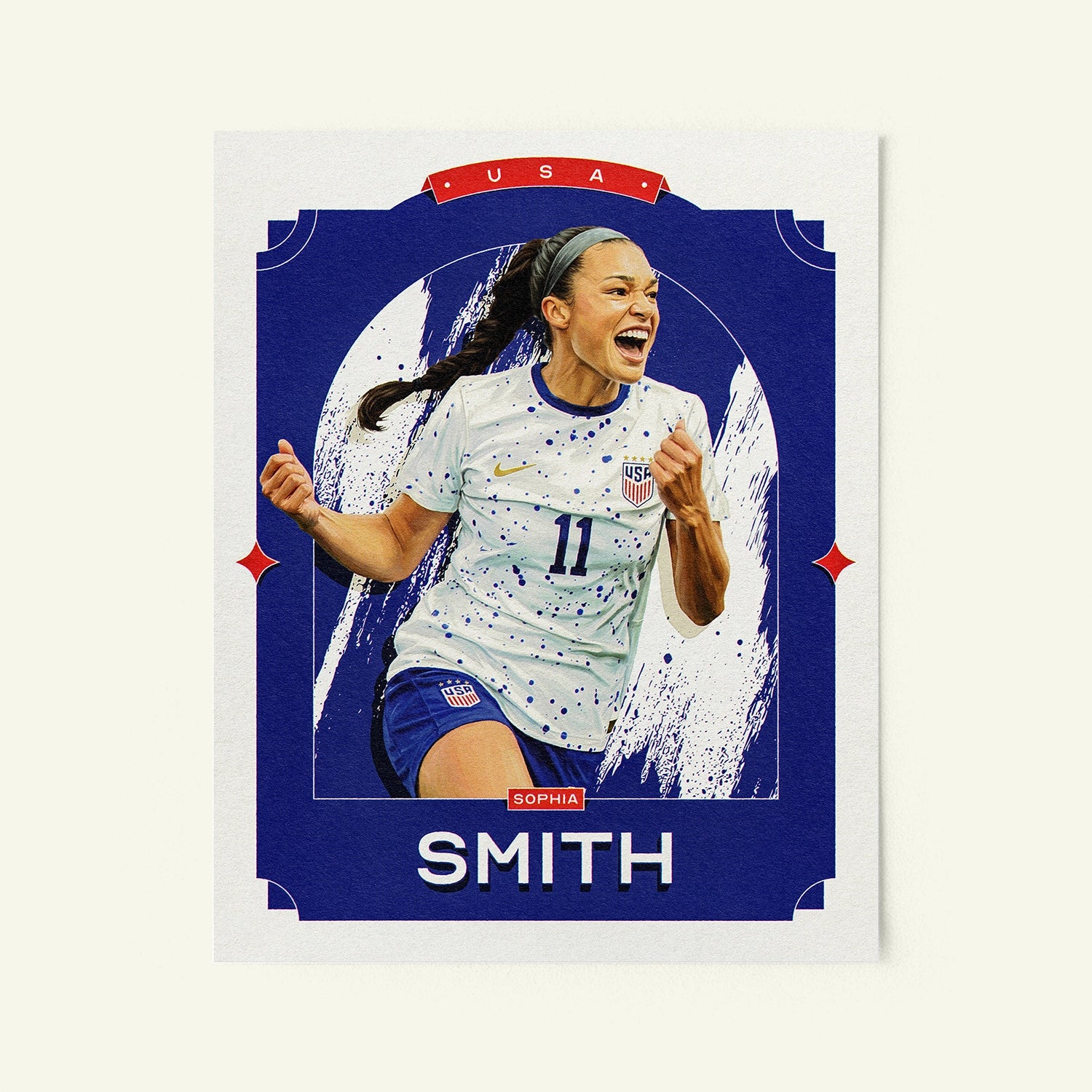 Poster of Sophia Smith of the USWNT in a vintage trading card style.