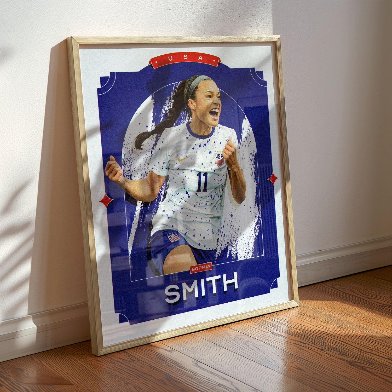 A Sophia Smith poster displayed as modern sports wall art in the home of a USWNT fan.