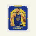 Poster of Stephen Curry of the Golden State Warriors in a vintage trading card style.