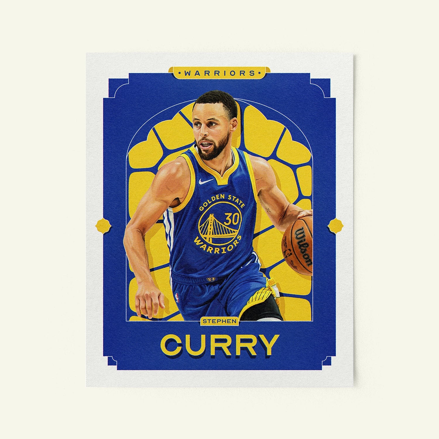 Poster of Stephen Curry of the Golden State Warriors in a vintage trading card style.